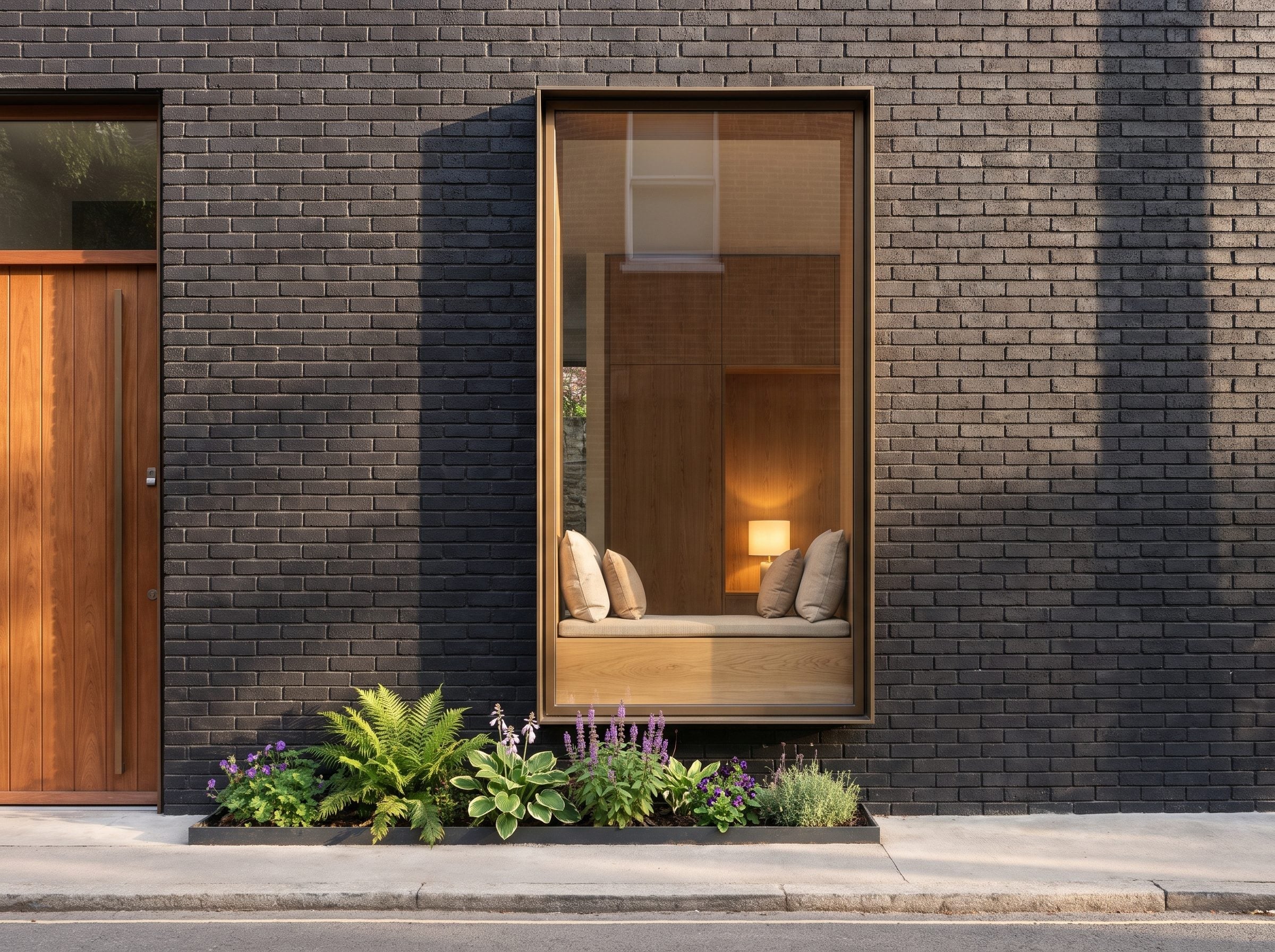 Dark brick exterior with a brass-toned window frame and built-in wood window seat