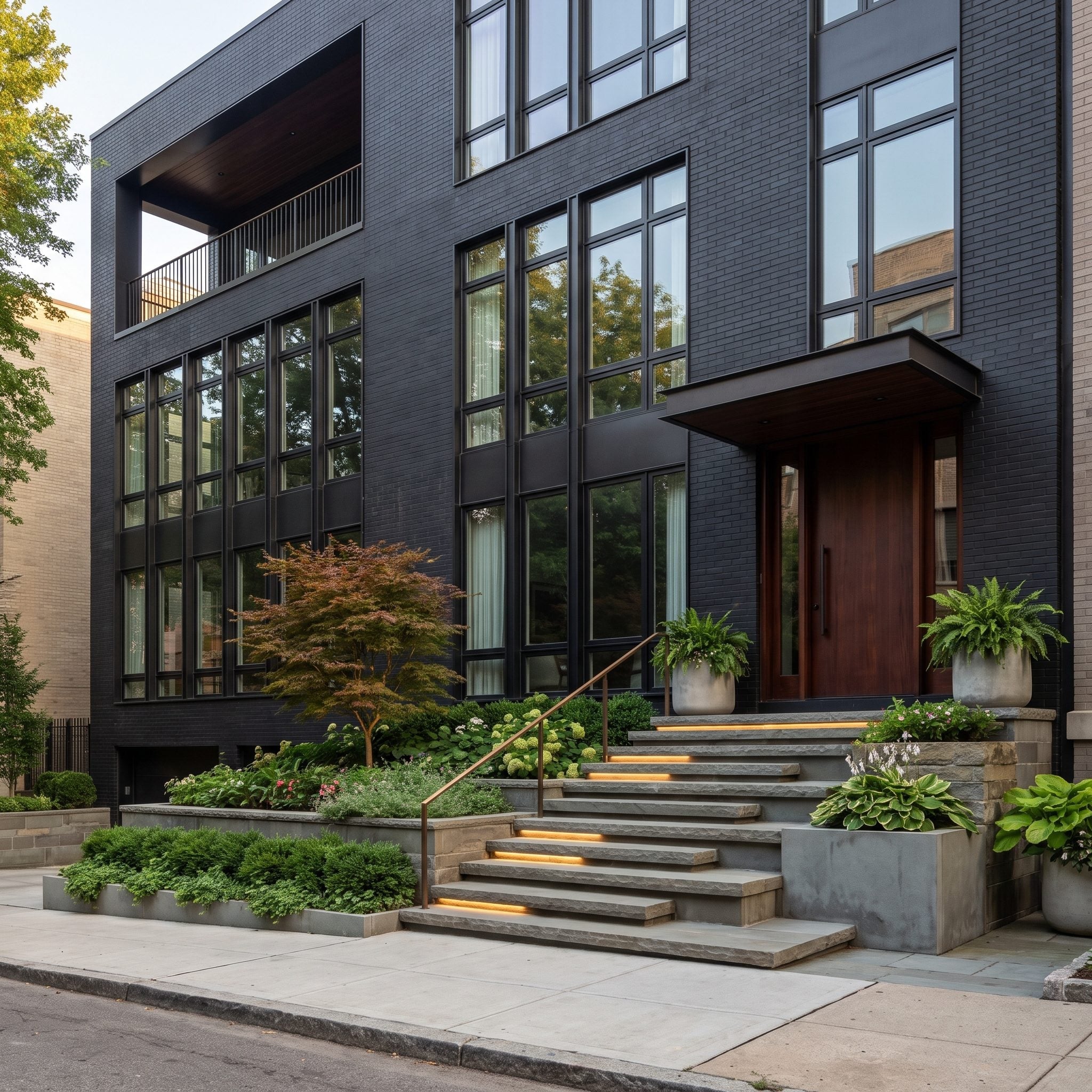 Dark brick house with bronze railings, illuminated stone steps, and layered planting