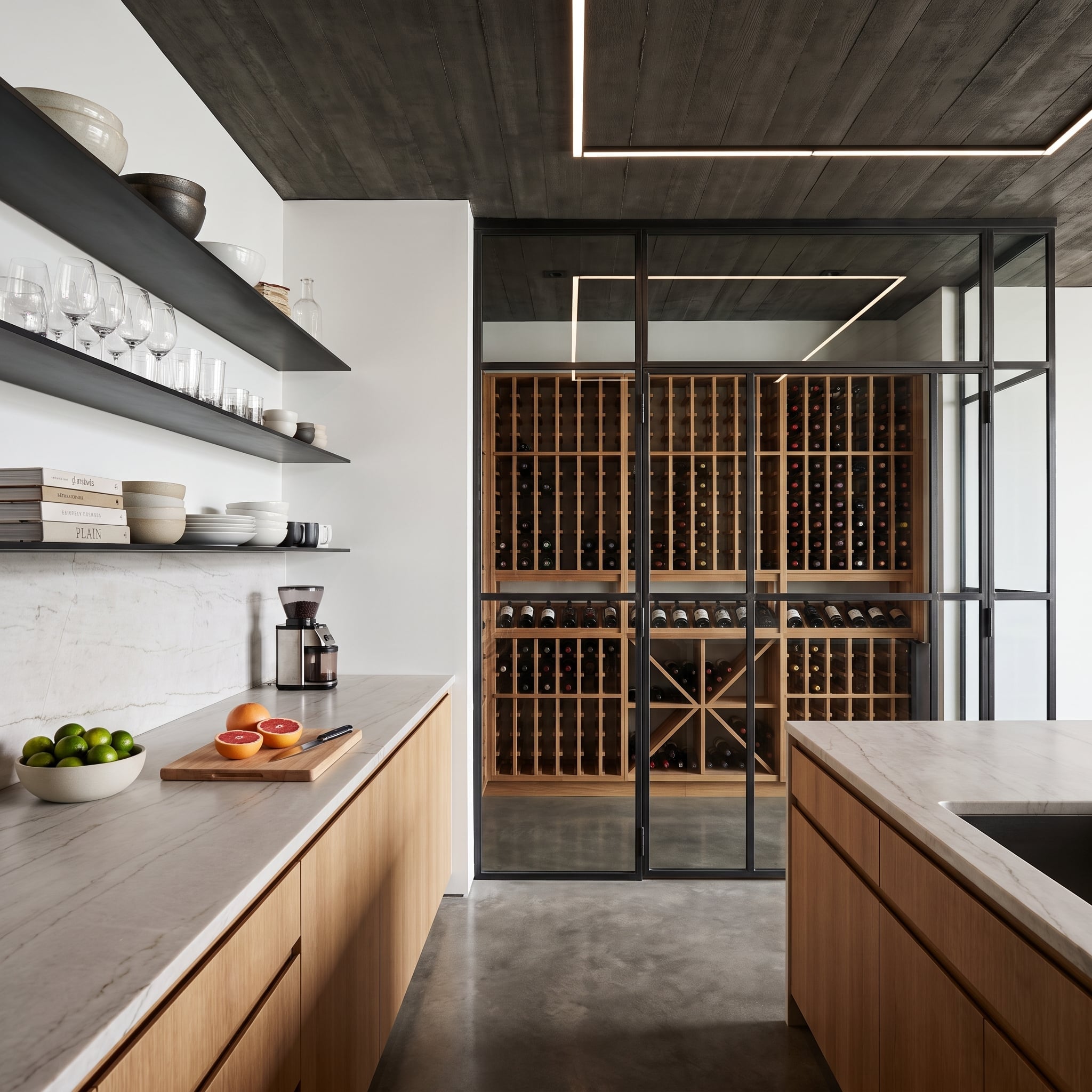 Contemporary kitchen with charcoal plank ceiling, black floating shelves, and glass-enclosed wine cellar