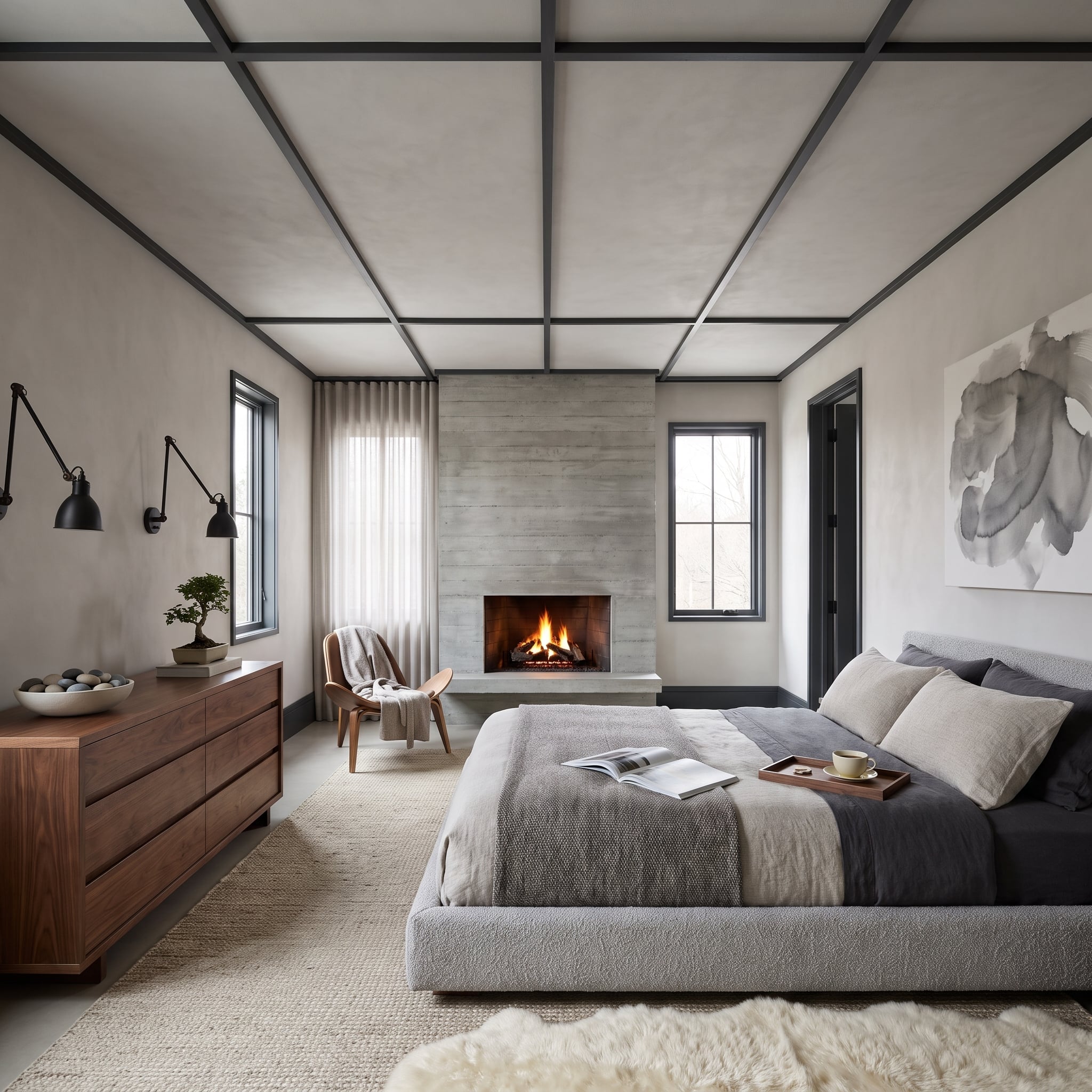 Neutral bedroom with charcoal ceiling grid, black window casings, plaster walls, platform bed, and concrete fireplace