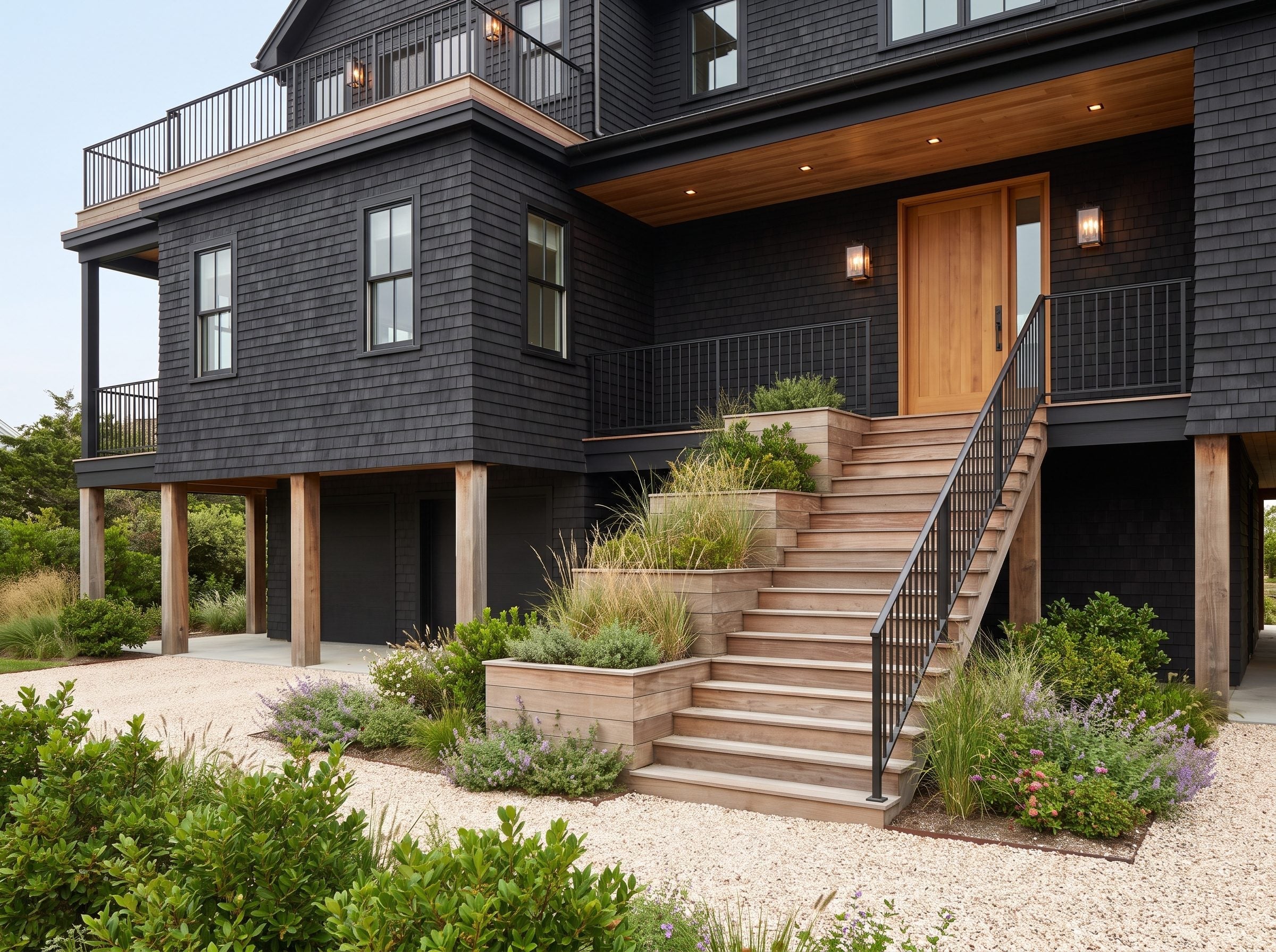 Dark shingle house with wide timber steps integrated into terraced garden planting