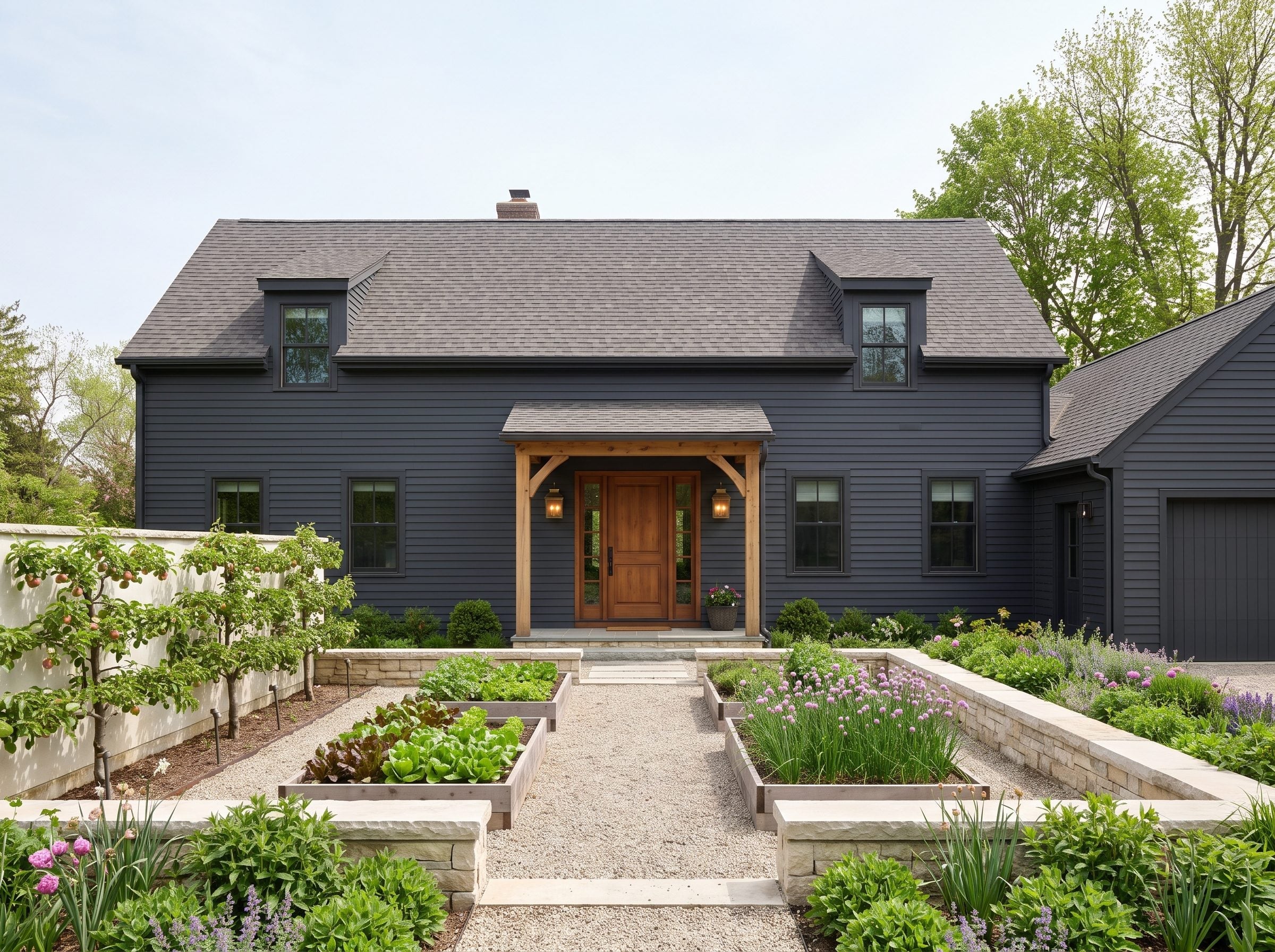 Dark house with a timber-framed entrance and raised garden beds along a gravel path