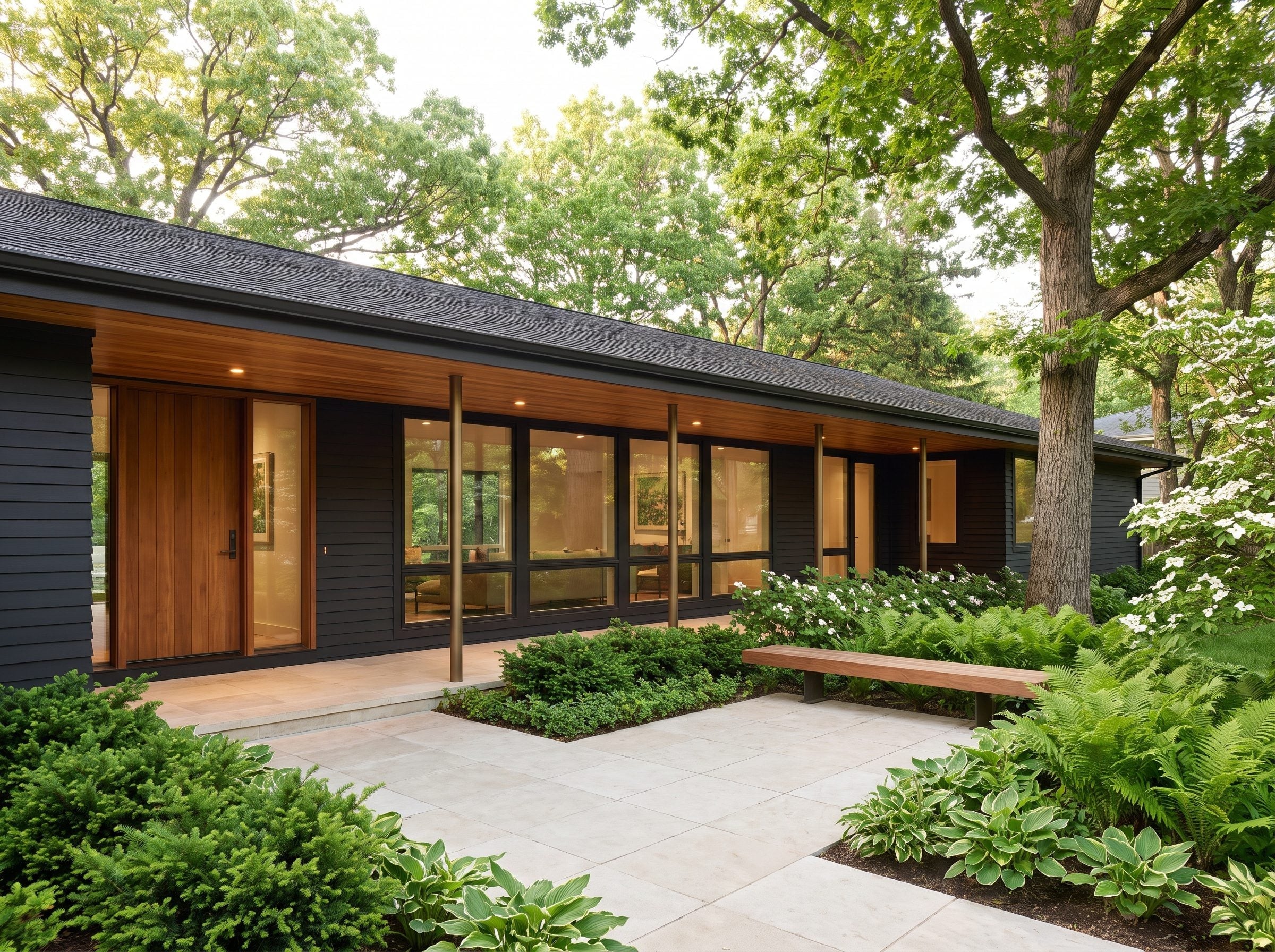 Dark single-story house with a cedar-lined overhang and landscaped forecourt