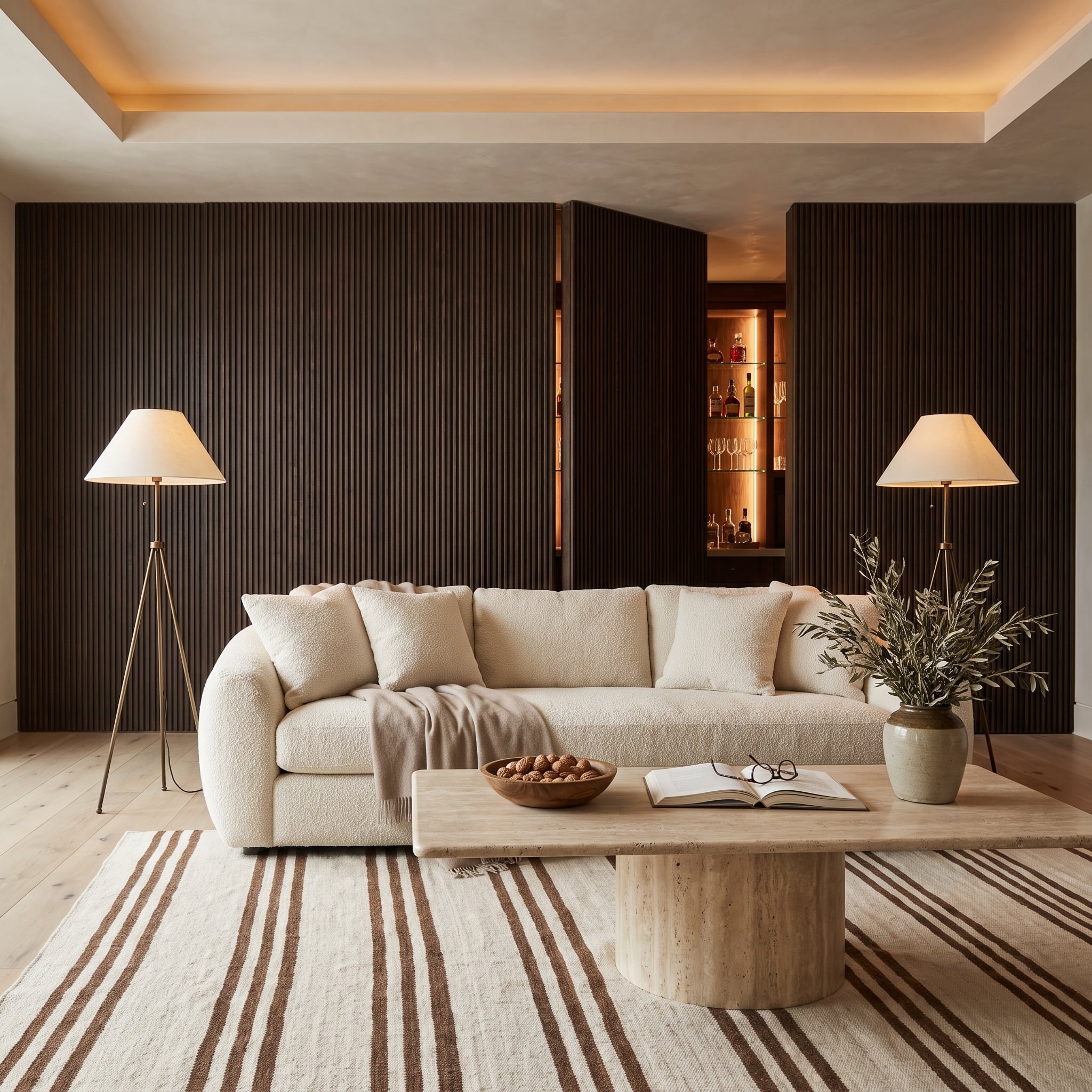Dark slat paneled living room wall concealing an illuminated bar cabinet behind folding doors