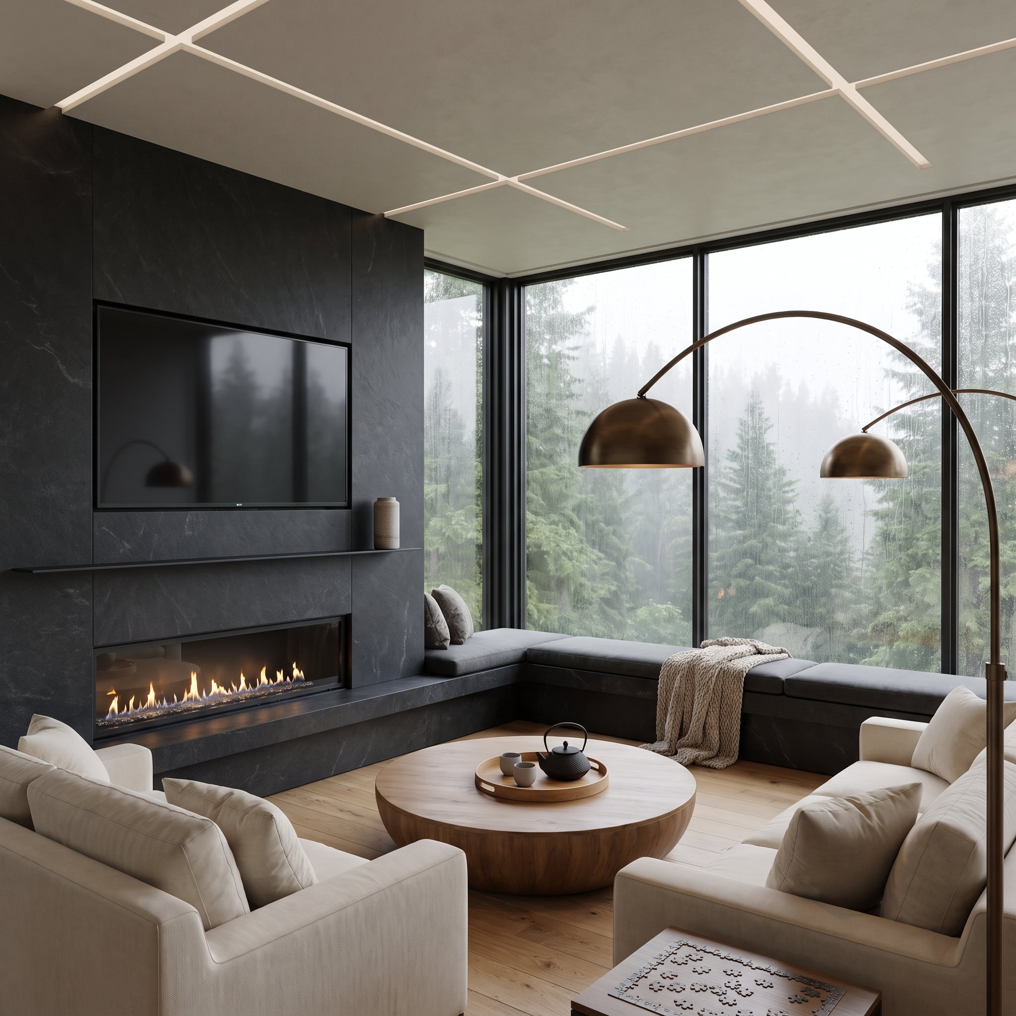 Living room with black slate fireplace wall, television above a low linear fireplace, cream seating, and forest views