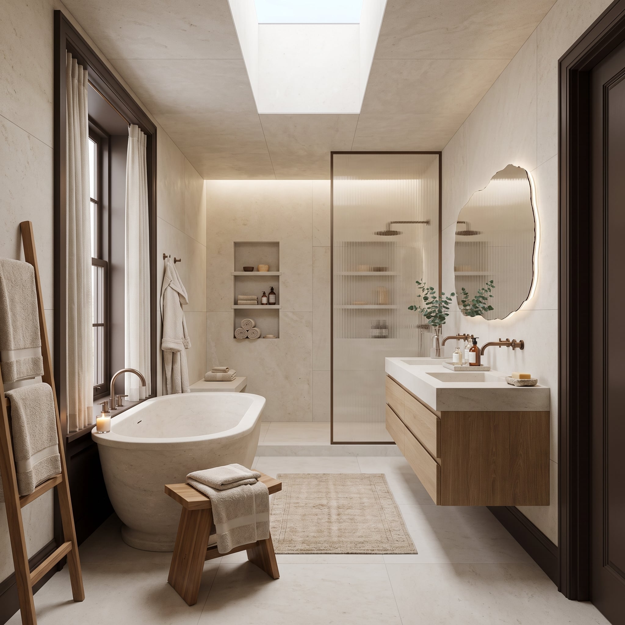 Neutral bathroom with espresso-stained trim, pale stone tile, skylight, floating vanity, and freestanding tub