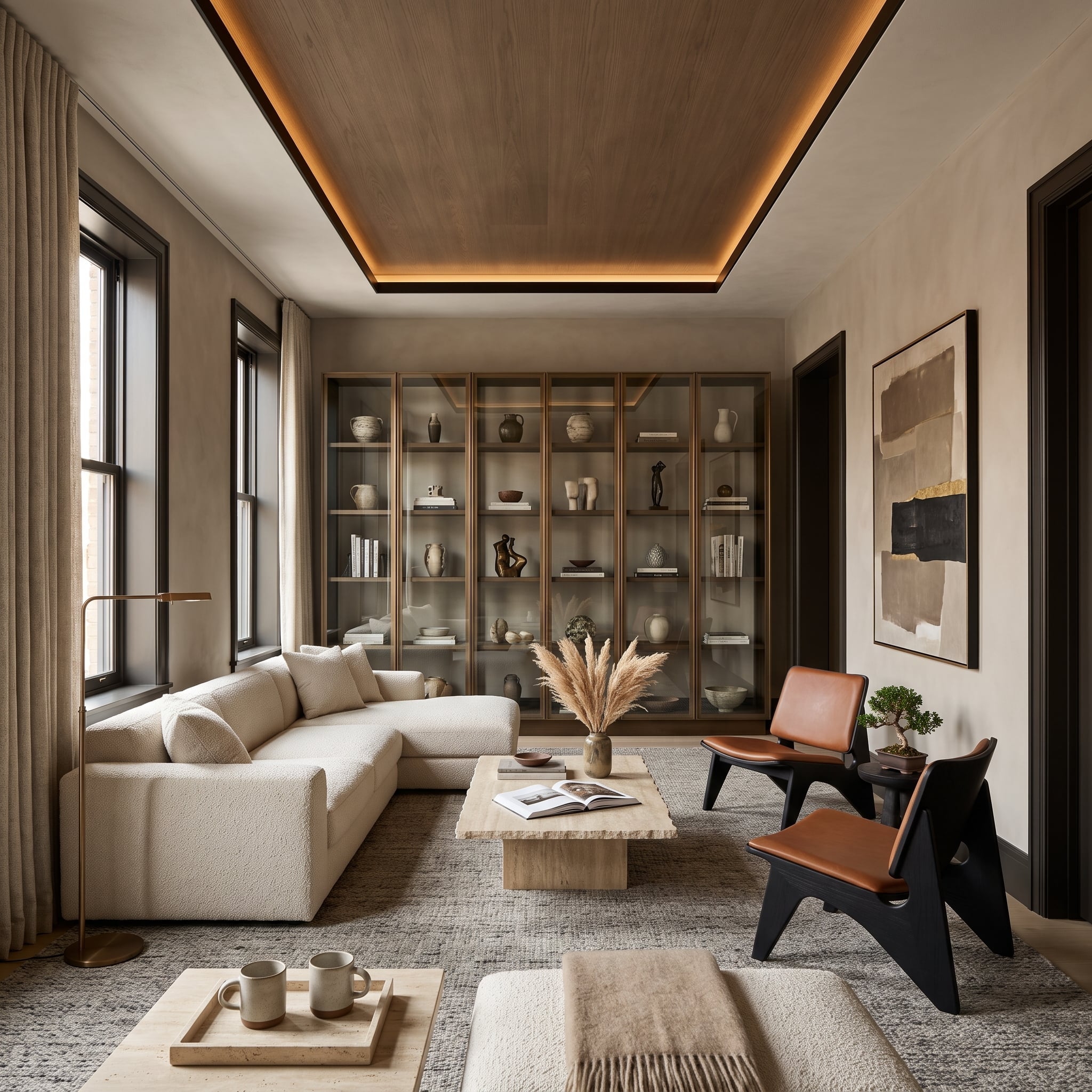 Neutral living room with dark espresso window and door casings, wood ceiling insert, cognac chairs, and cream sectional