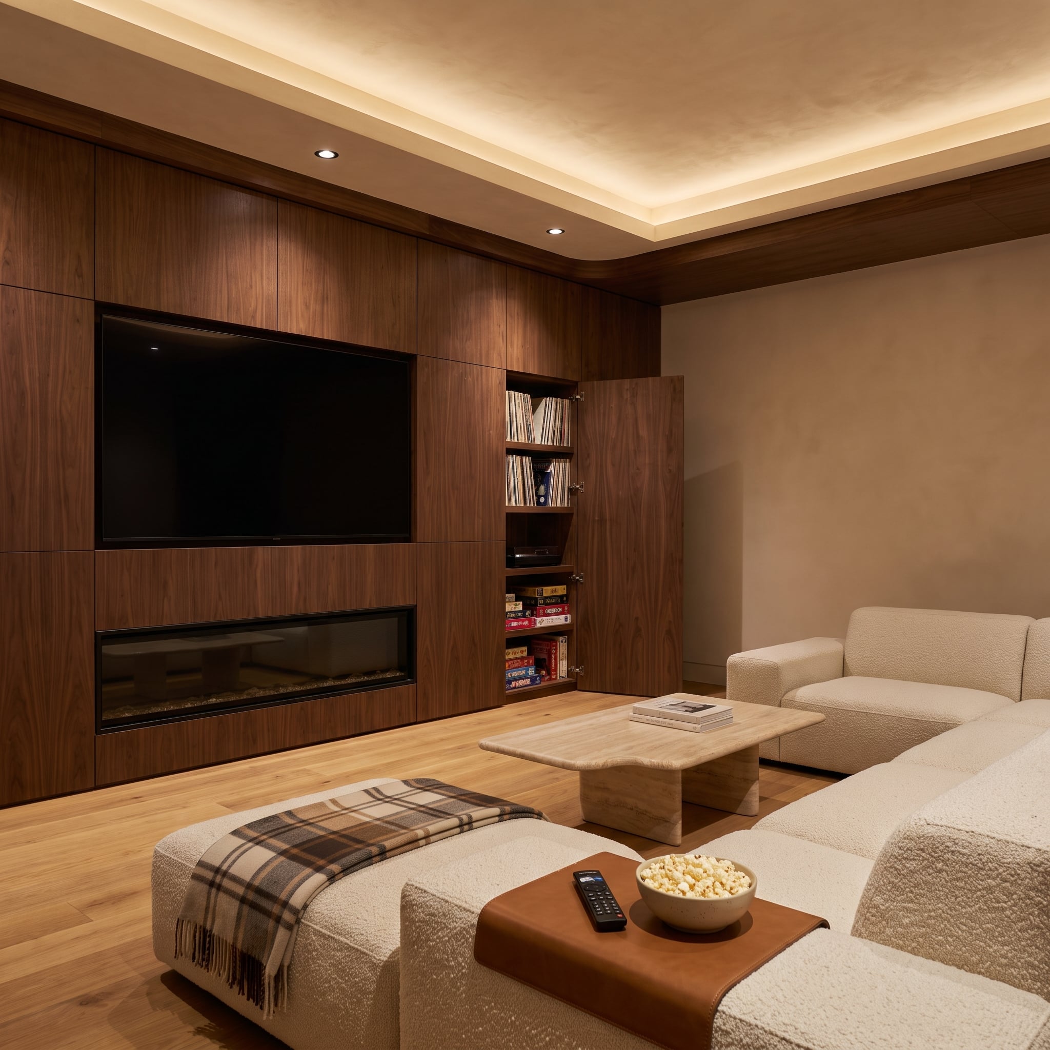 Dark walnut living room media wall with integrated television above linear fireplace, storage for board games and records, and warm cove lighting