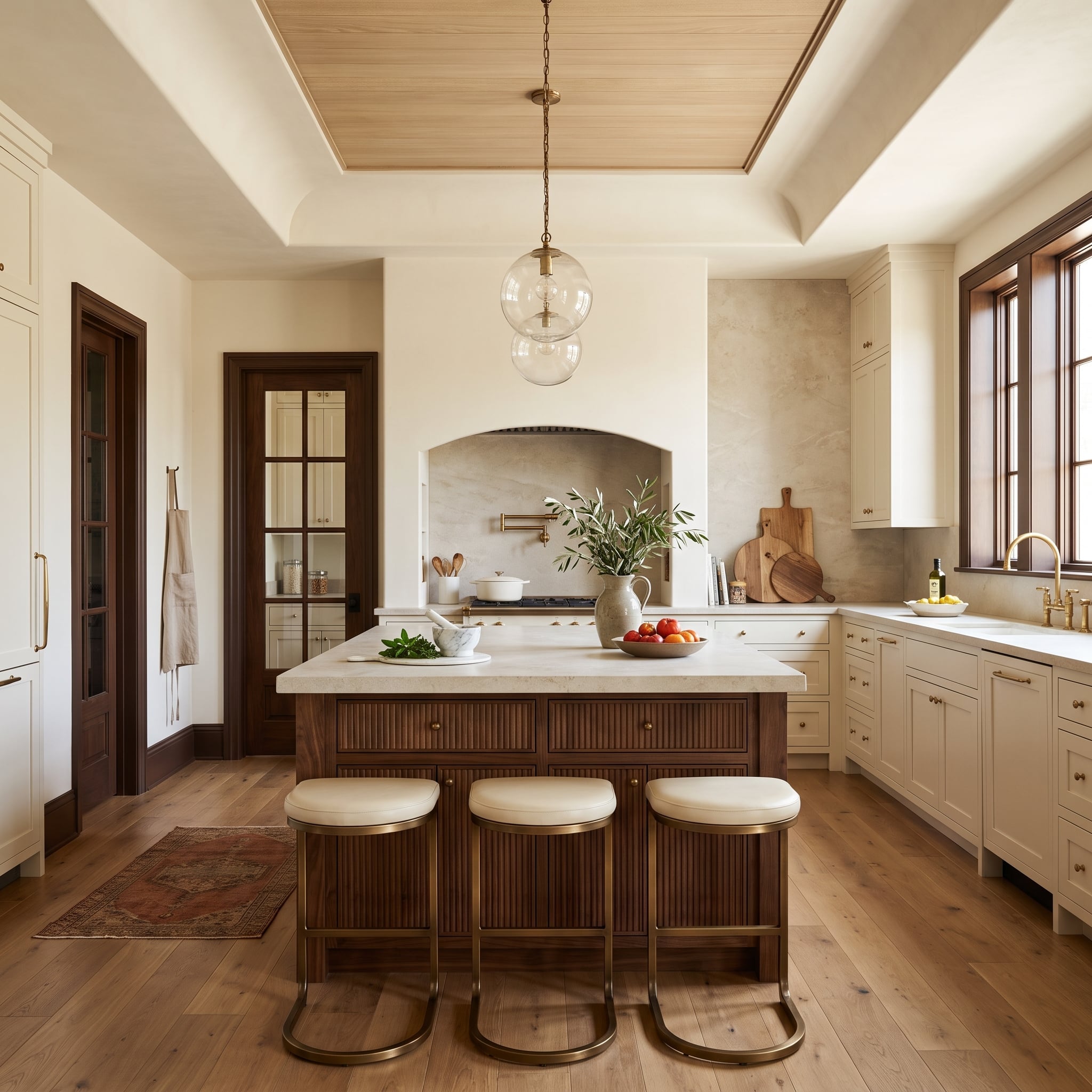 Cream kitchen with dark walnut window and door casings, contrasting island, light oak tray ceiling, and brass pendant