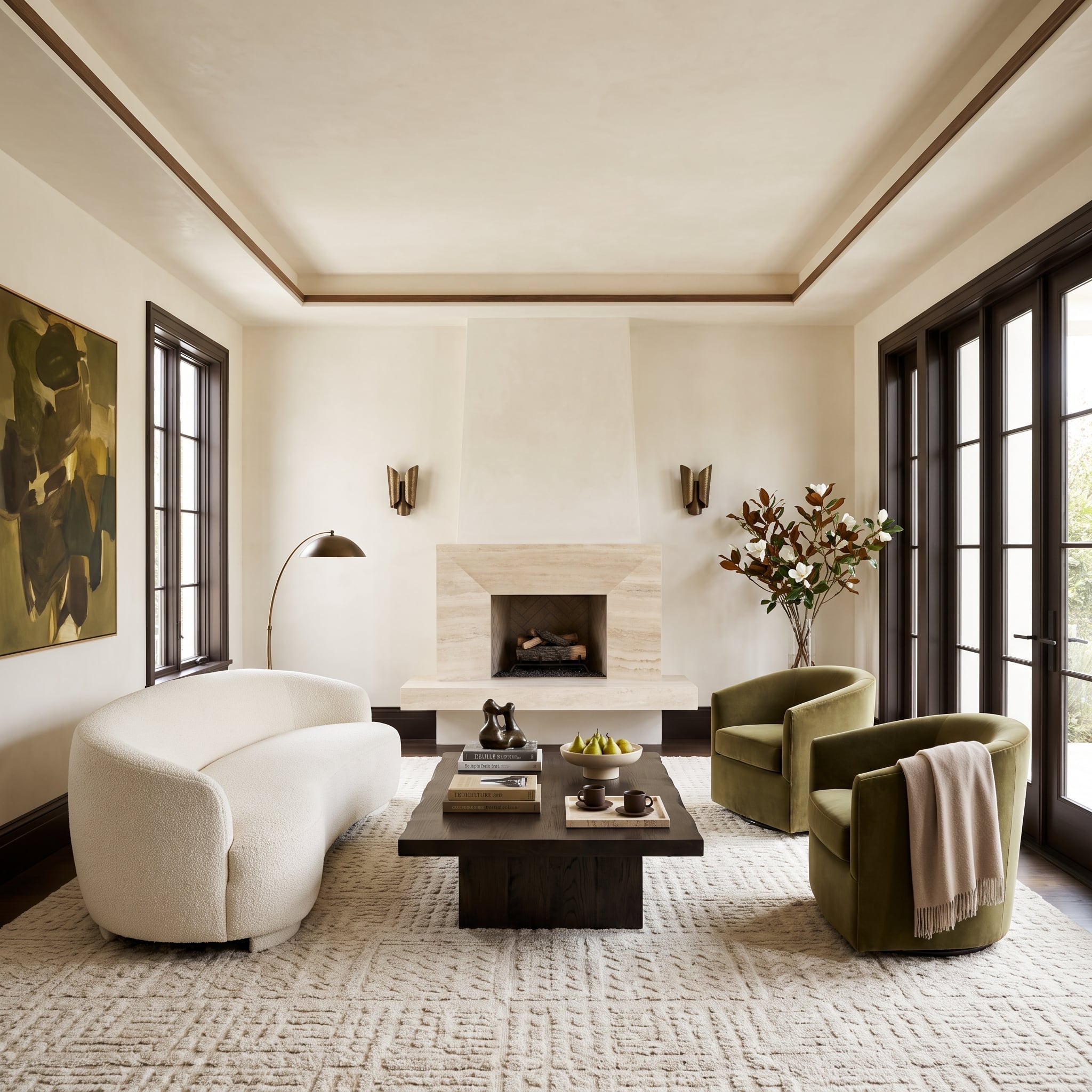 Cream living room with espresso wood door and window casings, travertine fireplace, curved bouclé sofa, and olive chairs