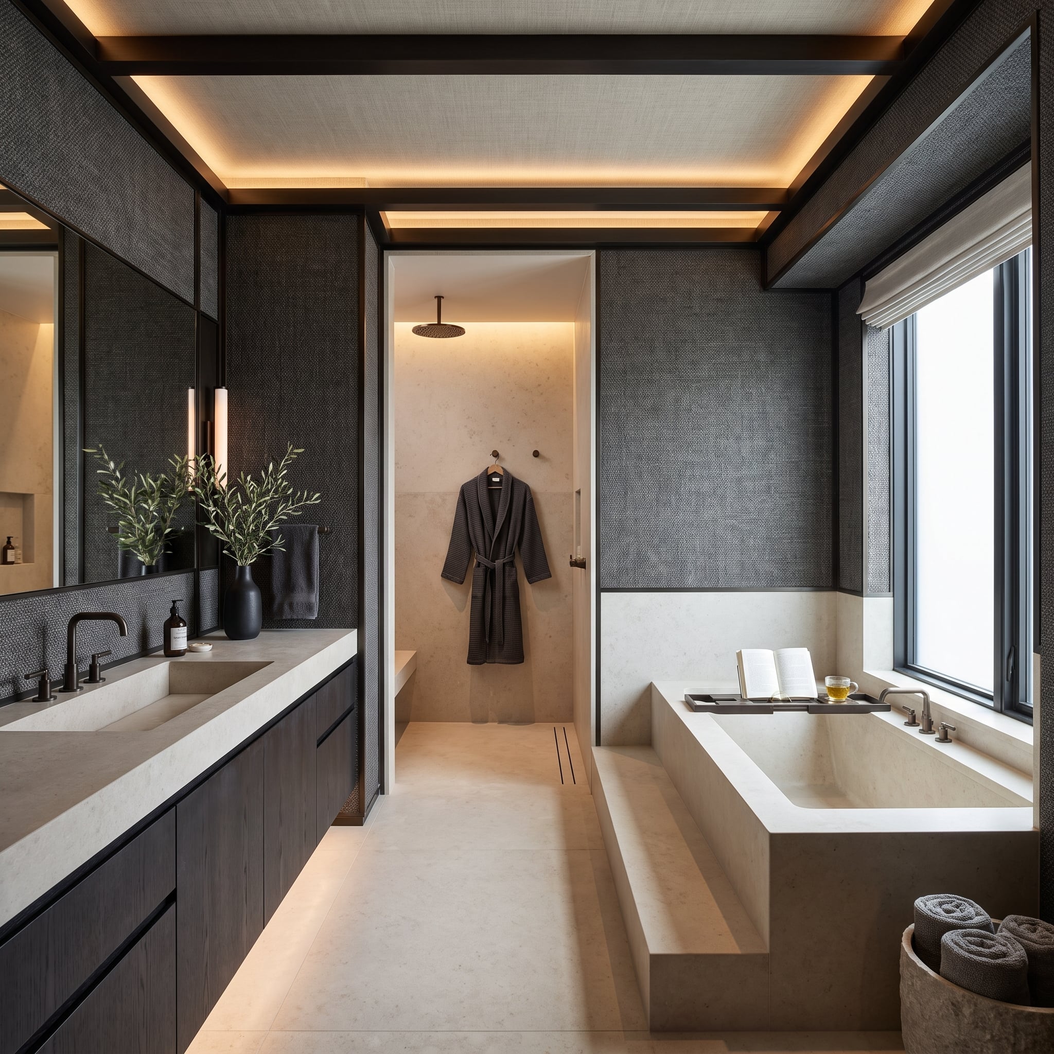 Dark Woven Wallpaper, a Concrete Soaking Tub, and Cove Lighting That Sets the Entire Tone