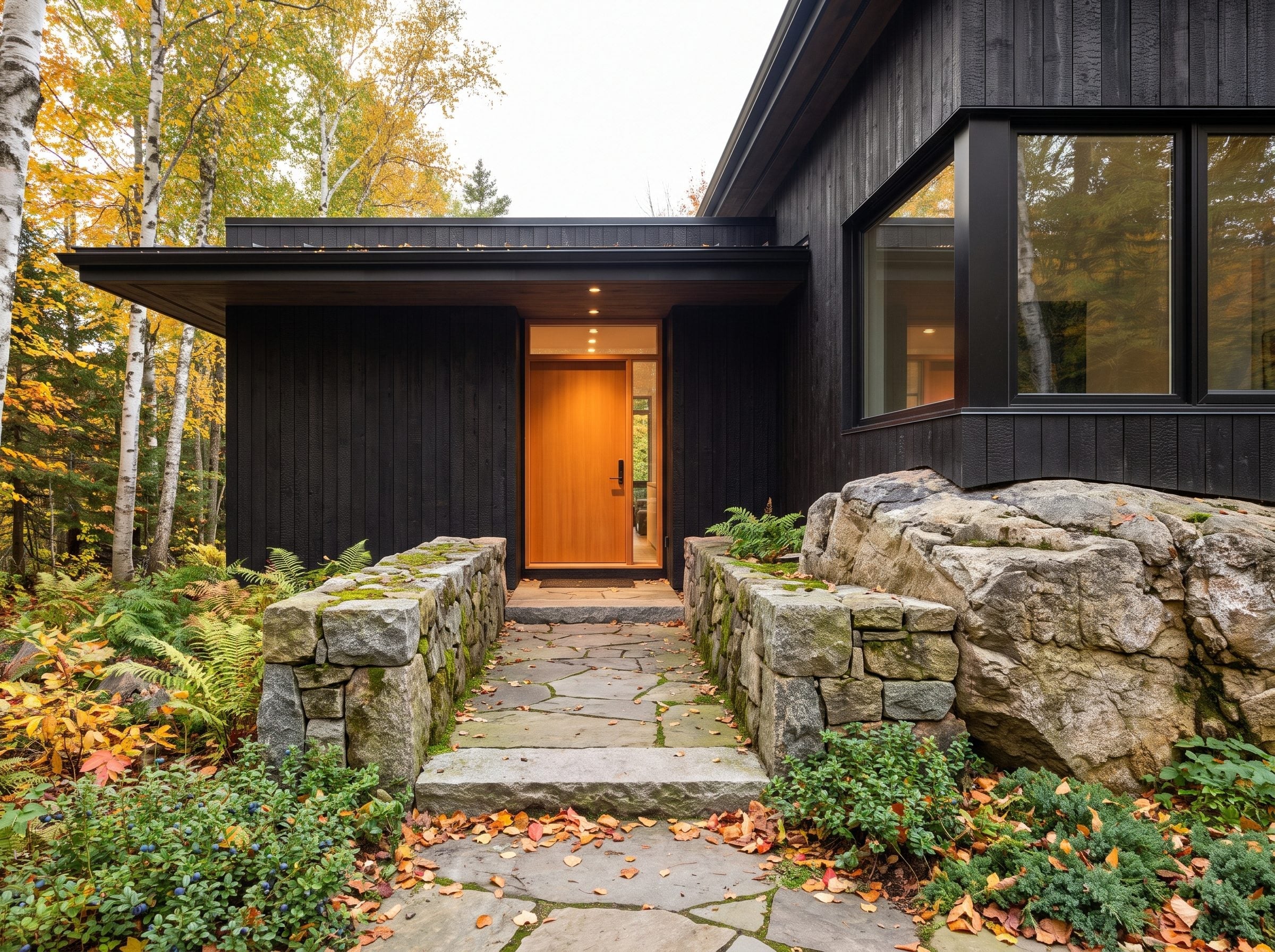 Dark cedar house with a warm timber entry door and flagstone walkway between granite walls