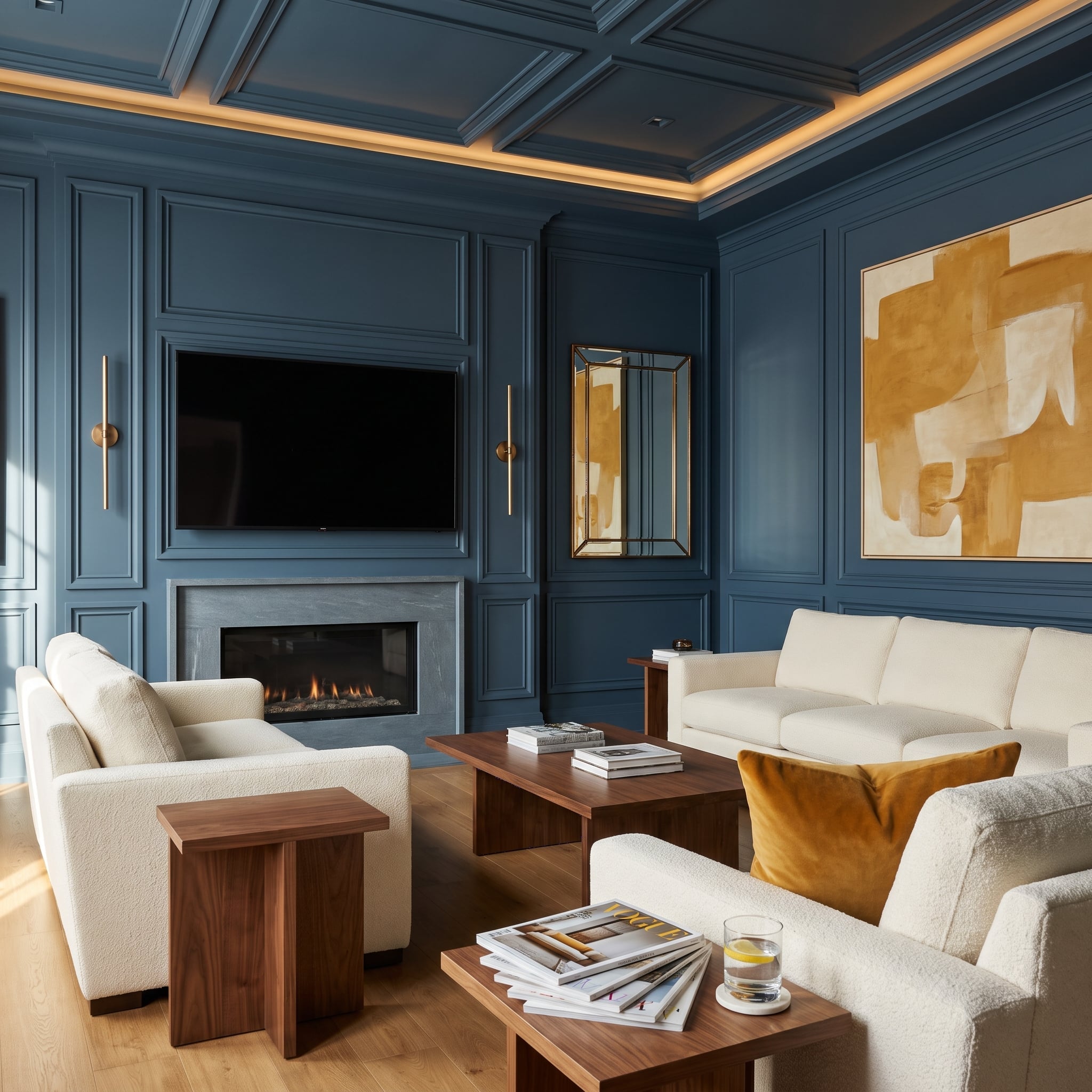 Deep slate-blue paneled living room with coffered ceiling, television and fireplace, warm brass accents, and cream bouclé seating