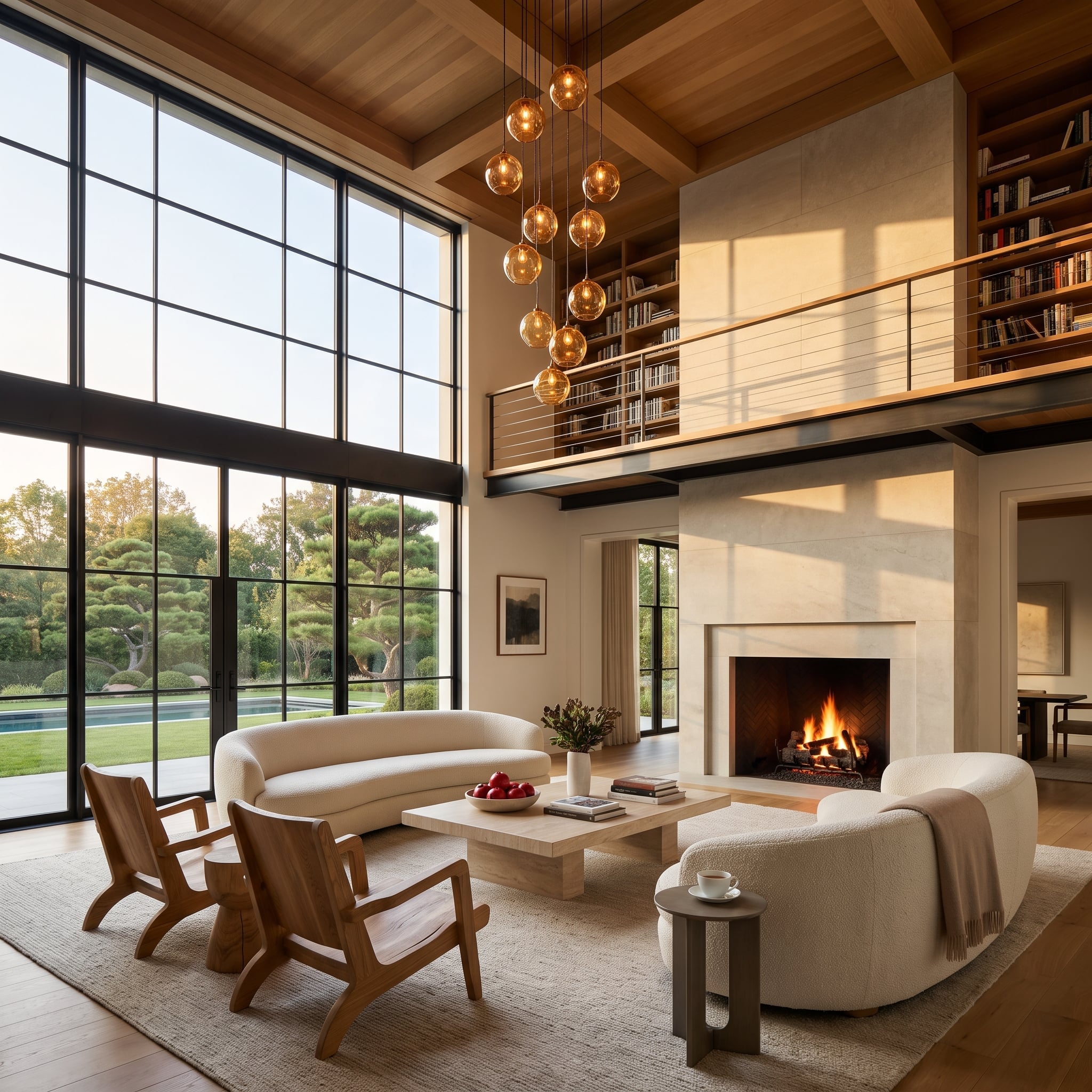 Double-height living room with mezzanine library, black steel windows and amber globe pendants
