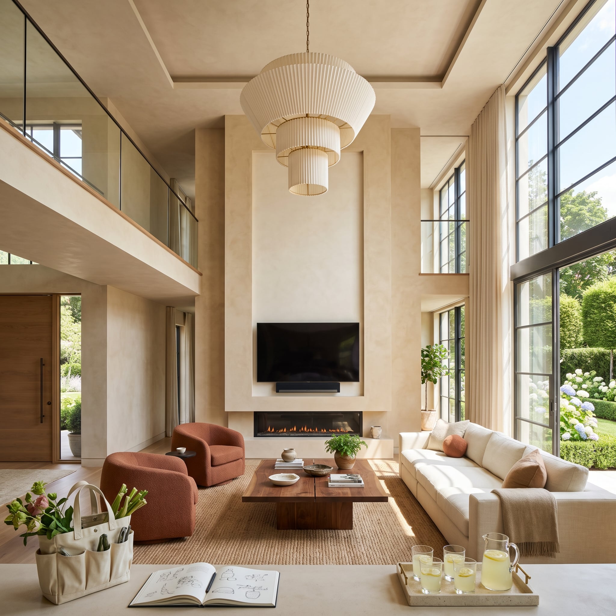 Double-height living room with sand-toned plaster fireplace wall, television above linear flames, and tiered paper pendant