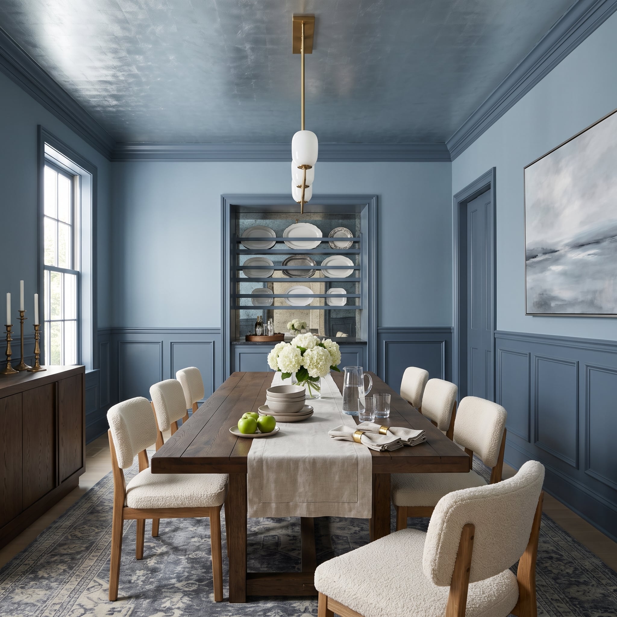 Dining room with dusty slate-blue wainscoting, crown molding, door casings, built-in plate niche, and oak dining table