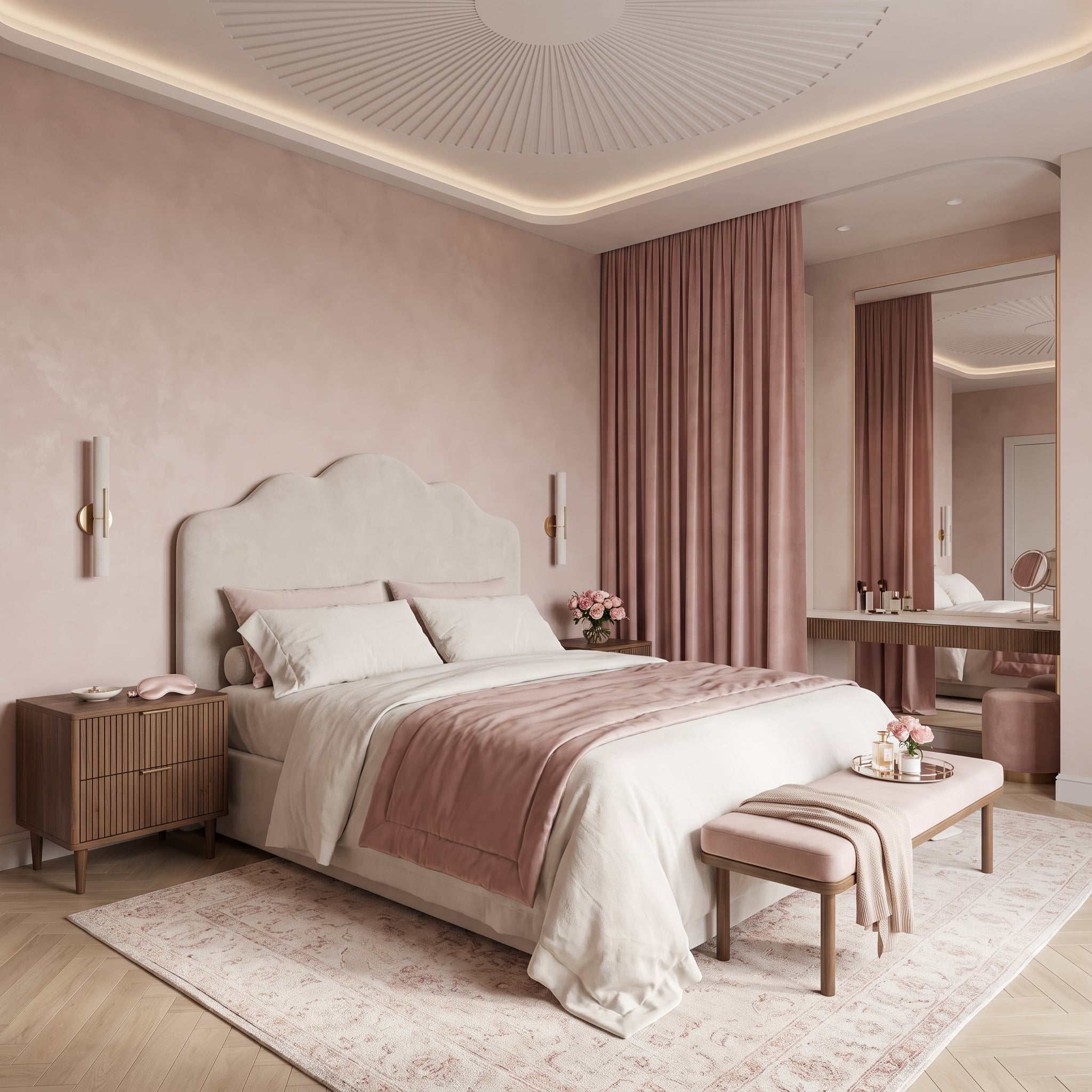 Dusty rose plaster bedroom wall with sunburst ceiling detail and cream upholstered bed