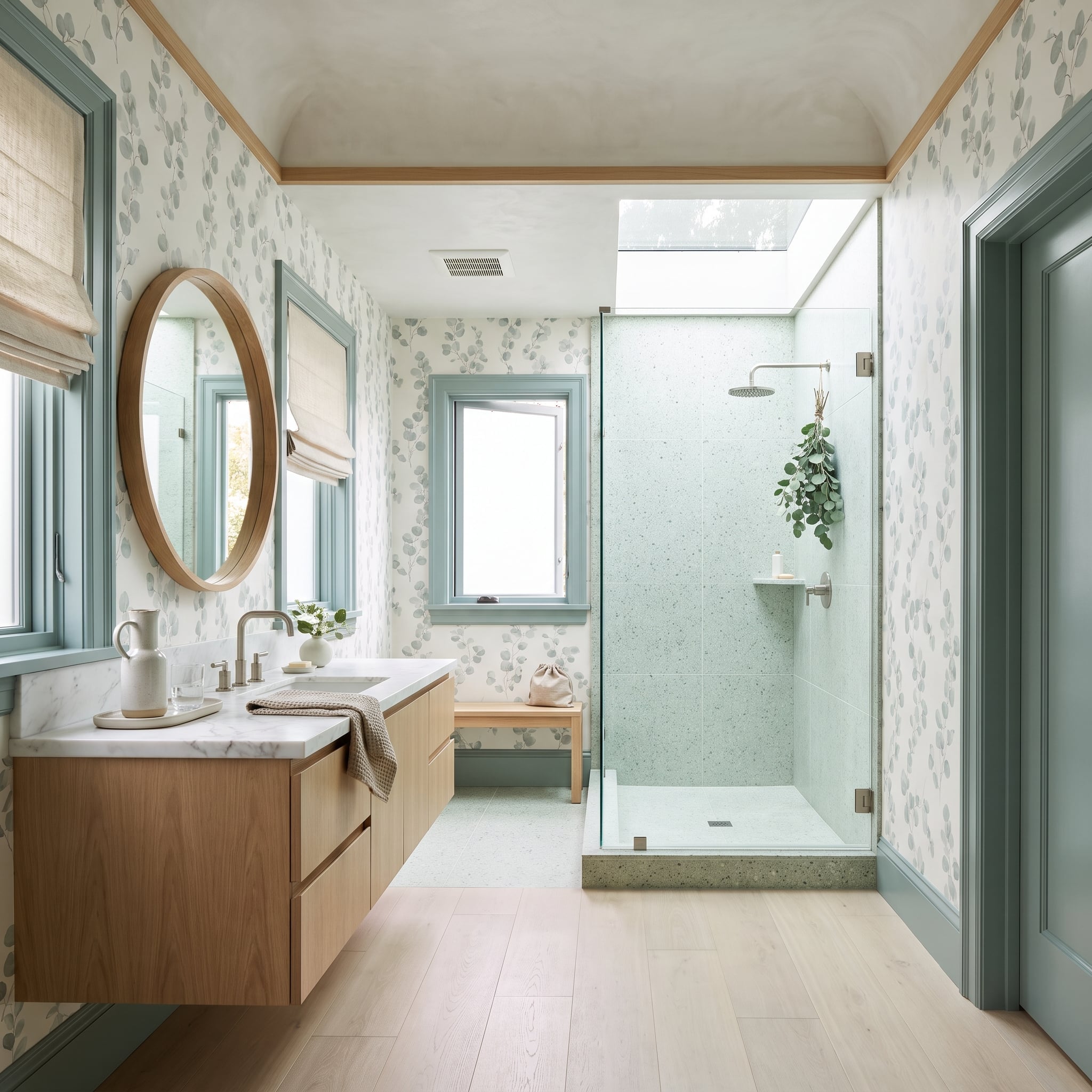 Eucalyptus Wallpaper, Mint Terrazzo, and Light That Does the Heavy Lifting