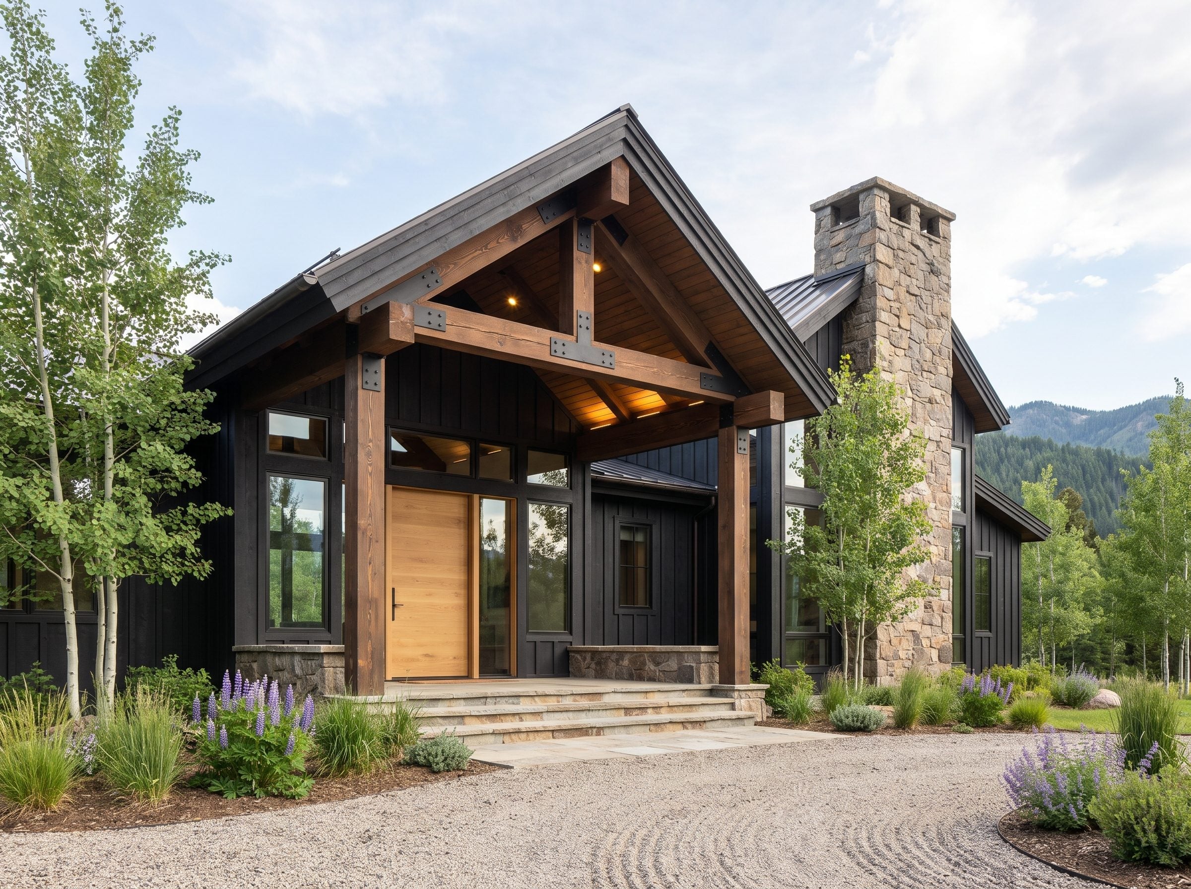 Black gabled house with exposed timber brackets, stone chimney, and purple lupines