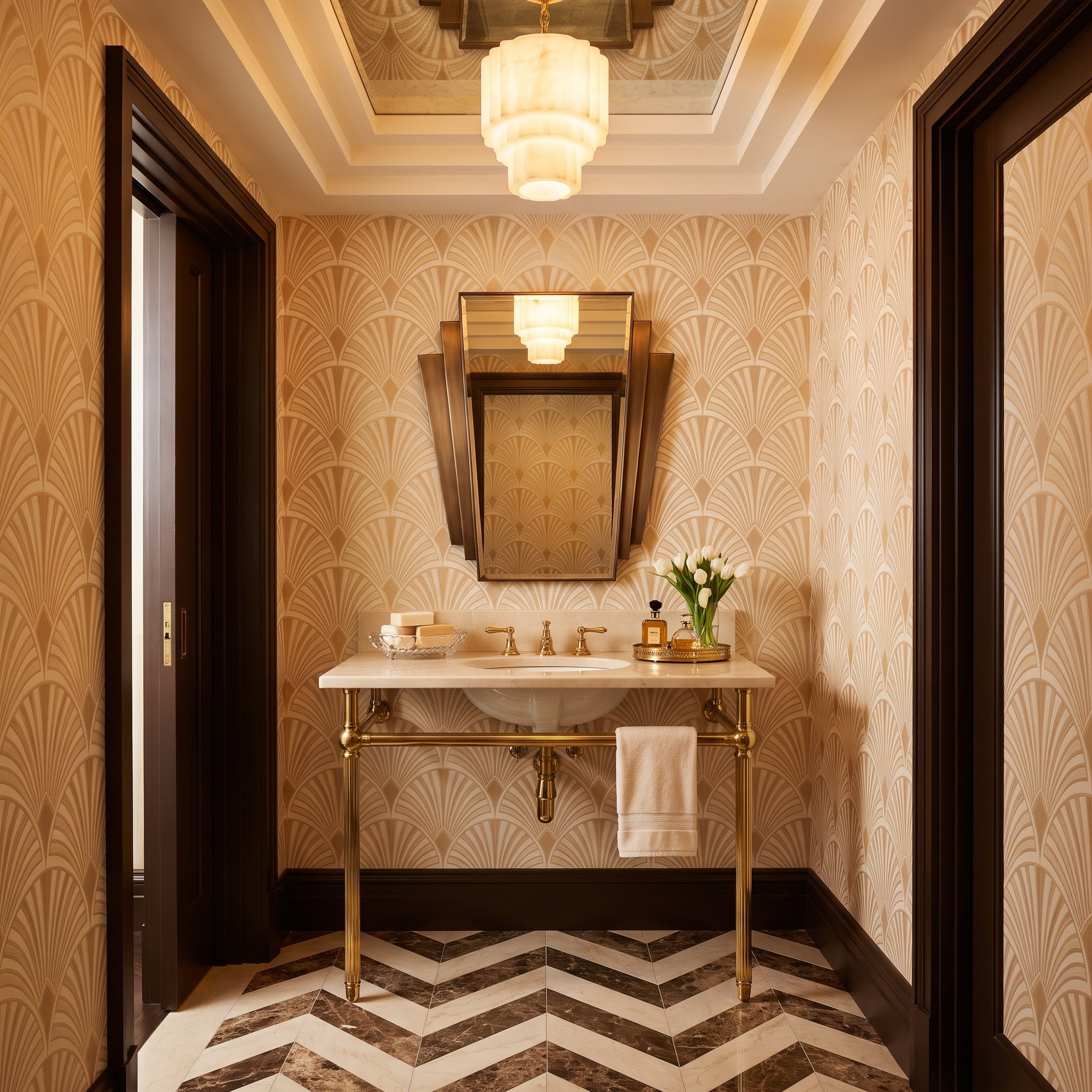 Fan Motif Wallpaper, Chevron Marble Floors, and Gold That Means It