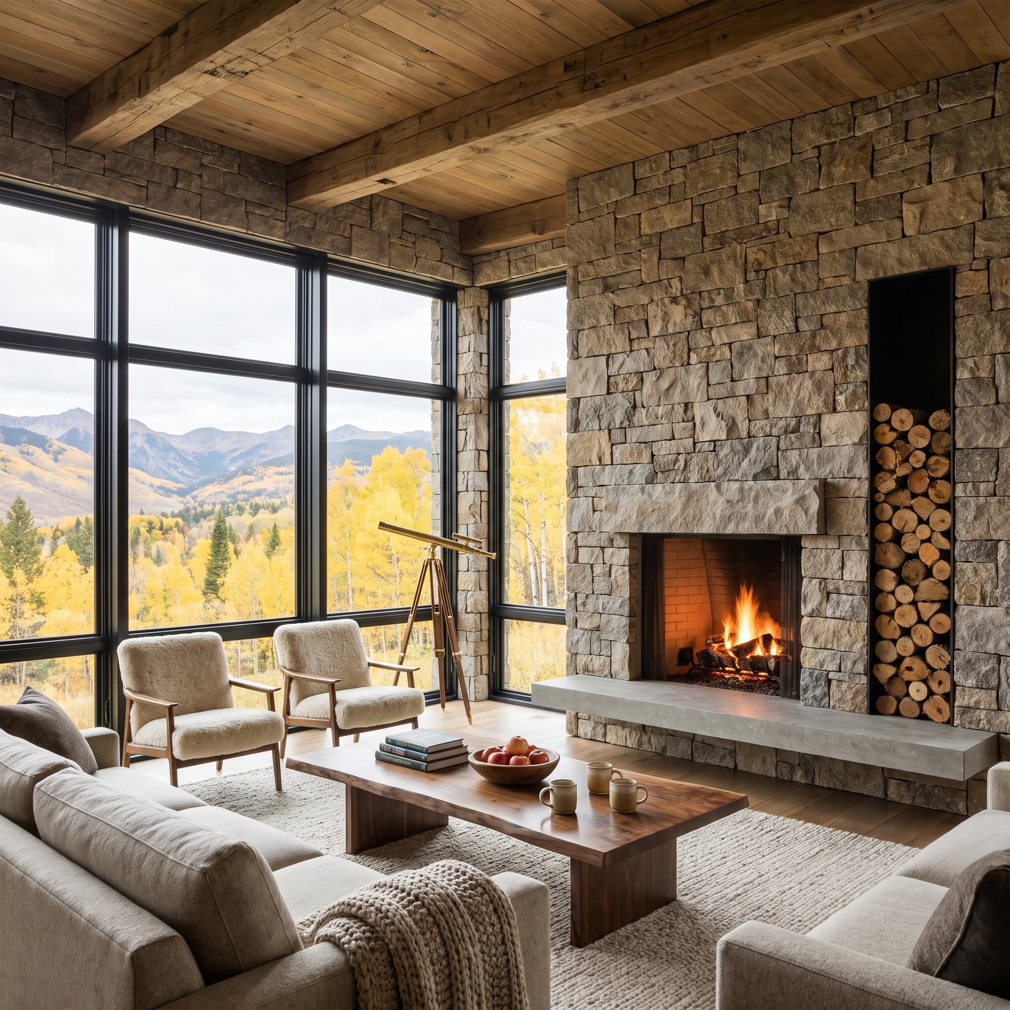 Mountain living room with fieldstone fireplace, reclaimed wood ceiling and black-framed windows overlooking autumn aspens