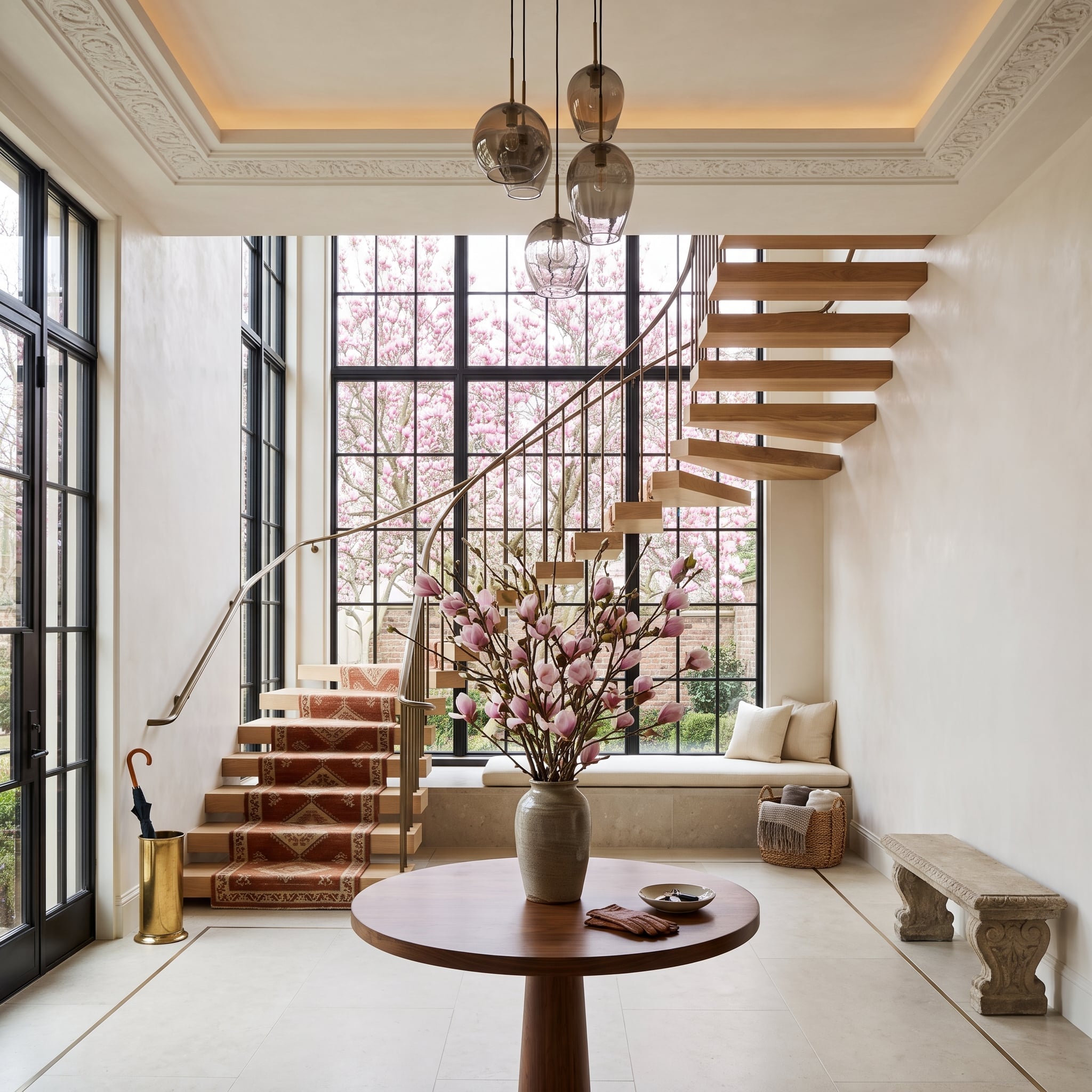 Contemporary foyer with floating oak staircase, black steel-grid windows and smoked glass pendants