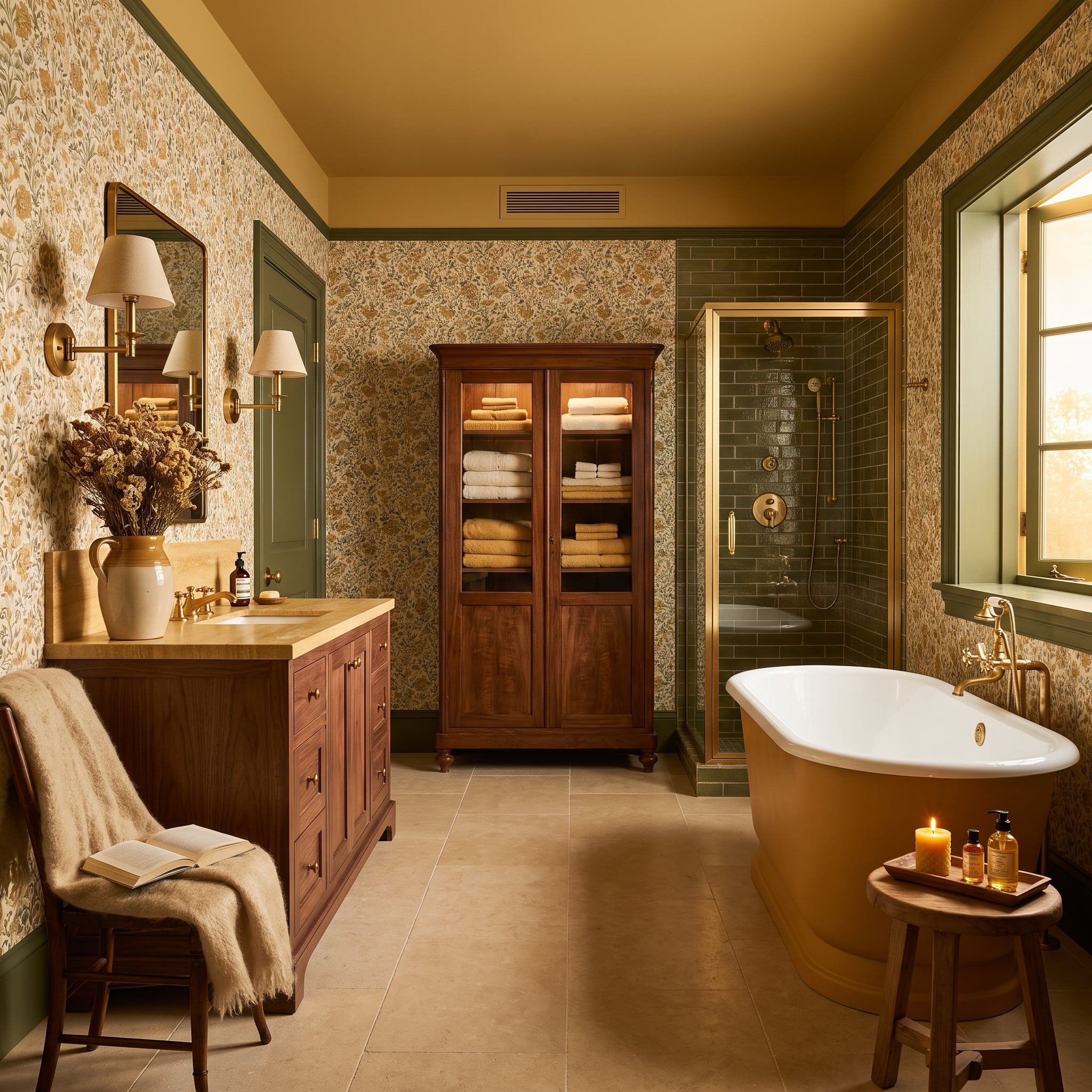 Floral Wallpaper, a Copper Soaking Tub, and Sage Trim That Ties Every Surface Together