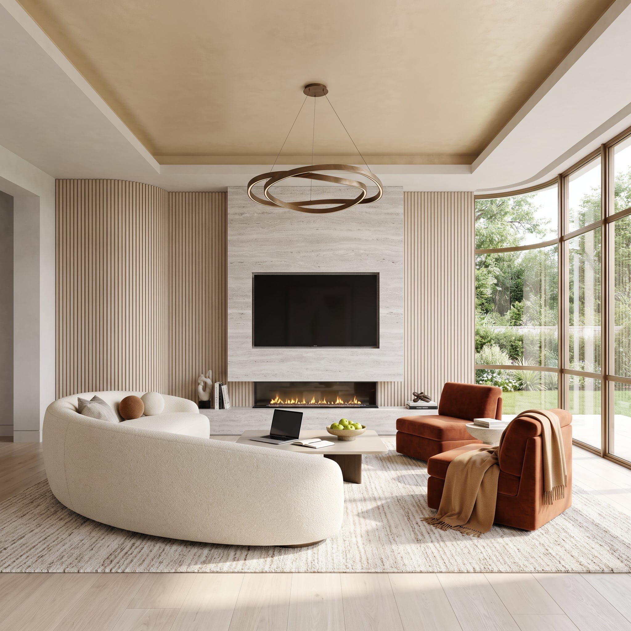 Contemporary living room with fluted oak panels, travertine fireplace wall, curved cream sectional, and rust velvet armchairs