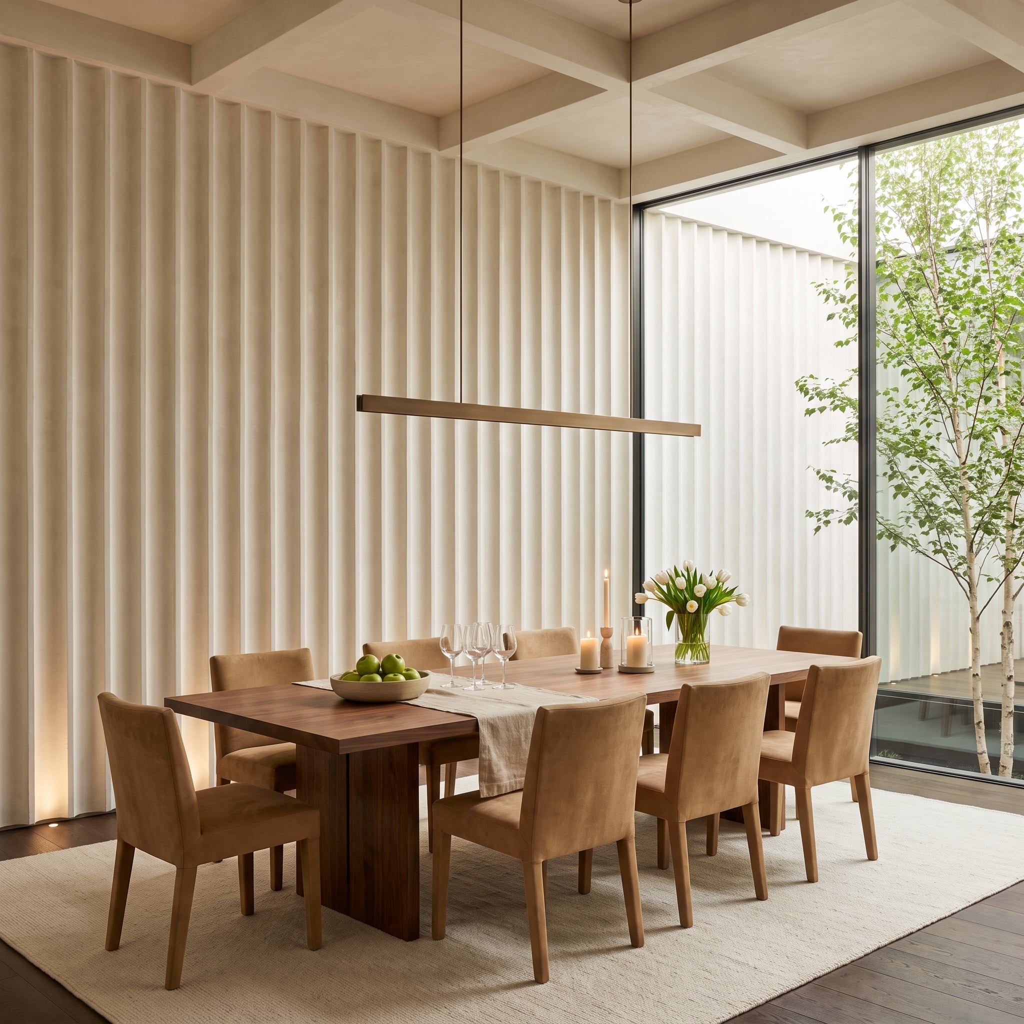 Cream fluted plaster dining room accent wall with walnut table and natural daylight