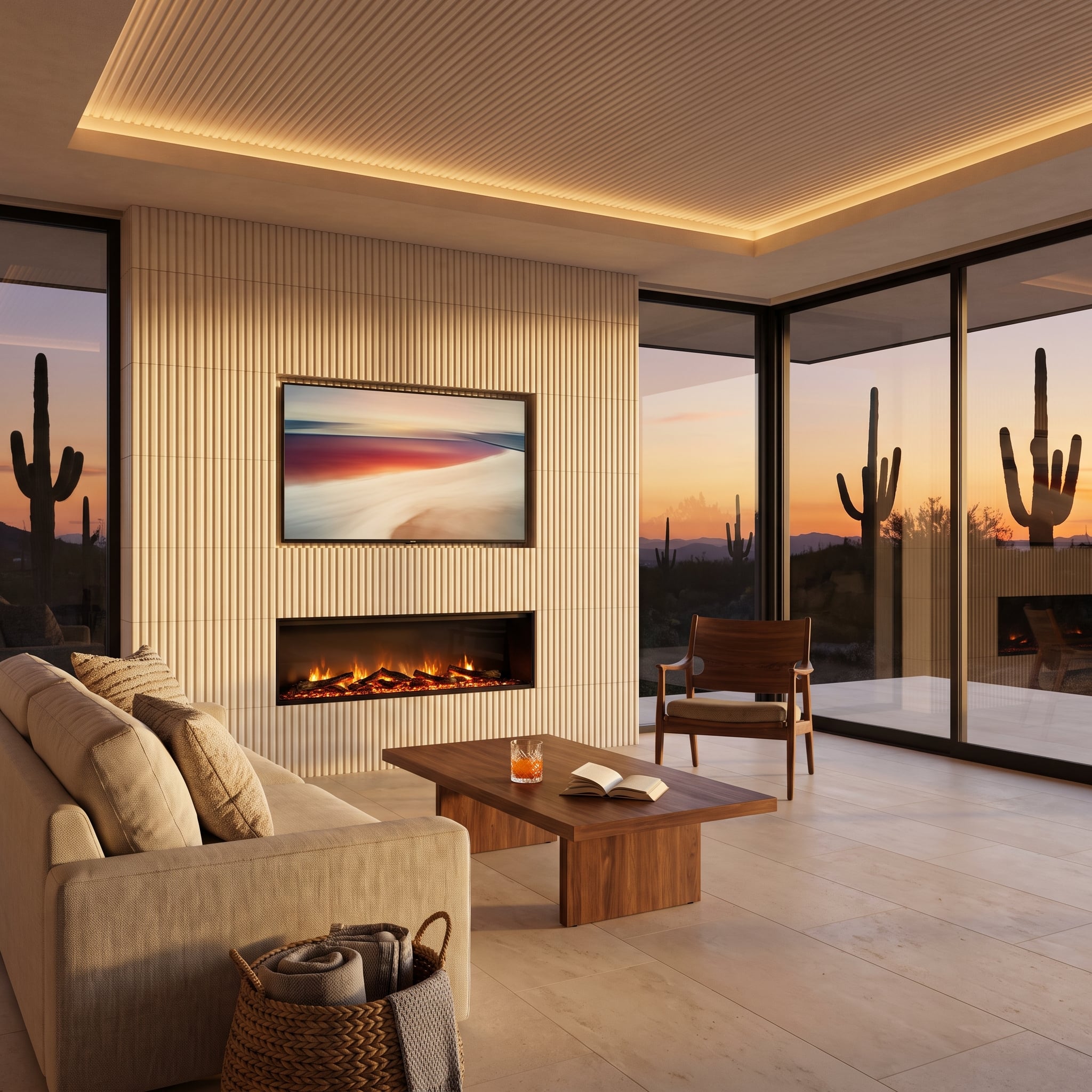 Desert living room with fluted cream stone fireplace wall, television above linear gas flames, and sunset views of saguaro cacti