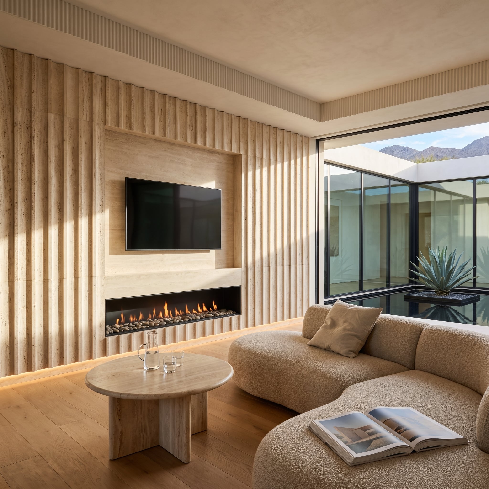 Fluted travertine fireplace wall with recessed television, linear gas fire, curved bouclé sectional, and courtyard glazing