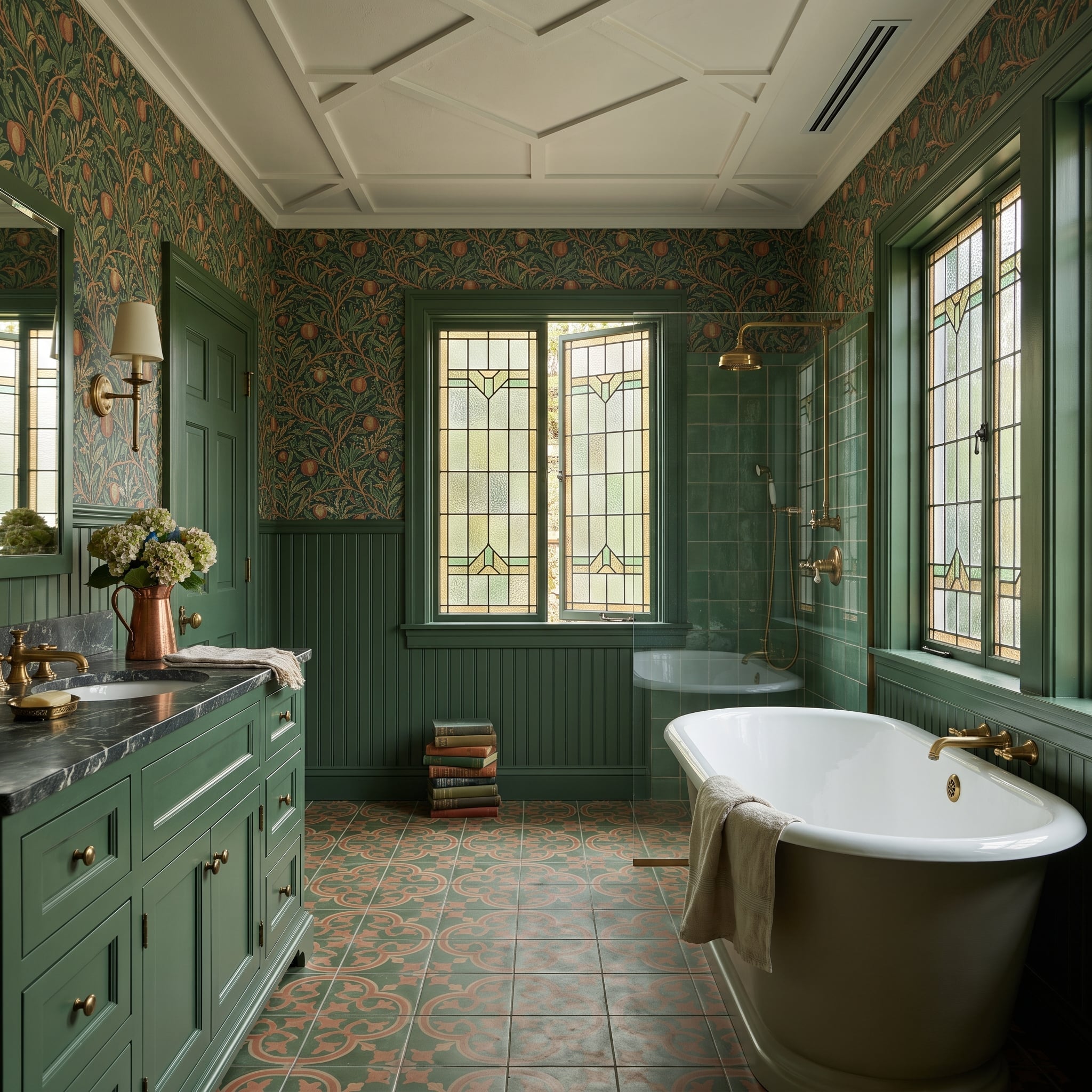 Forest Green Beadboard, Arts and Crafts Wallpaper, and Stained Glass That Does Real Work
