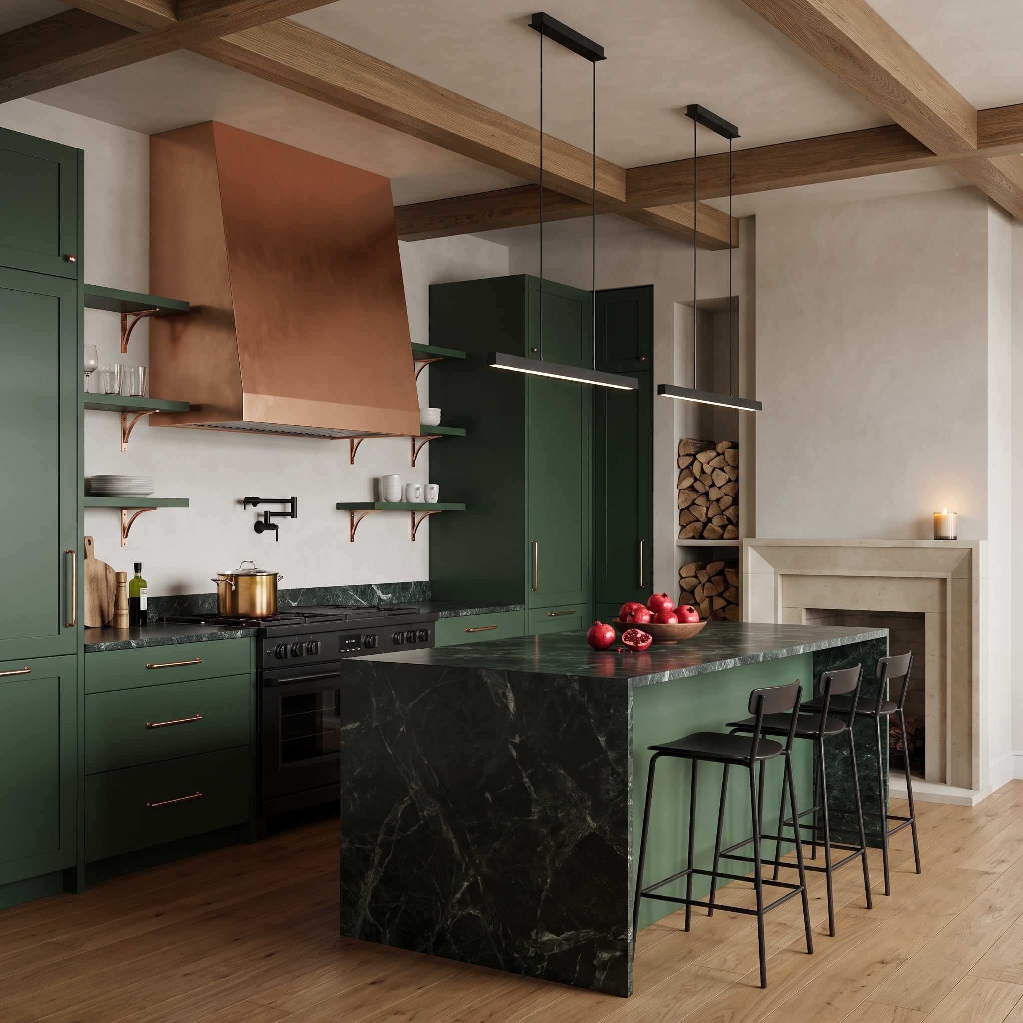Forest Green Cabinets, a Copper Hood, and Brass Hardware That Refused to Pick Sides