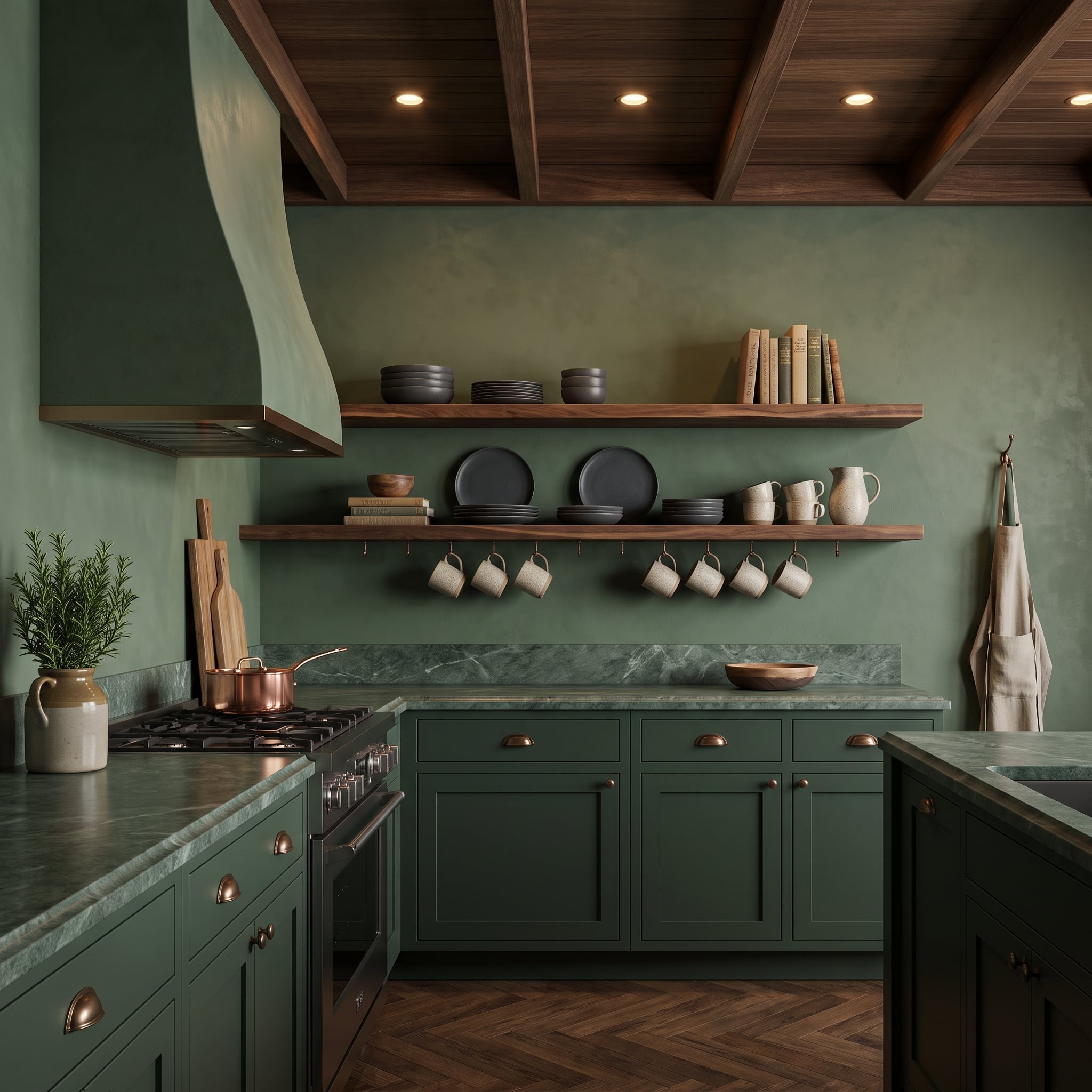 Forest-green kitchen with matching walls and hood, walnut open shelves, mug rail, and warm metal hardware