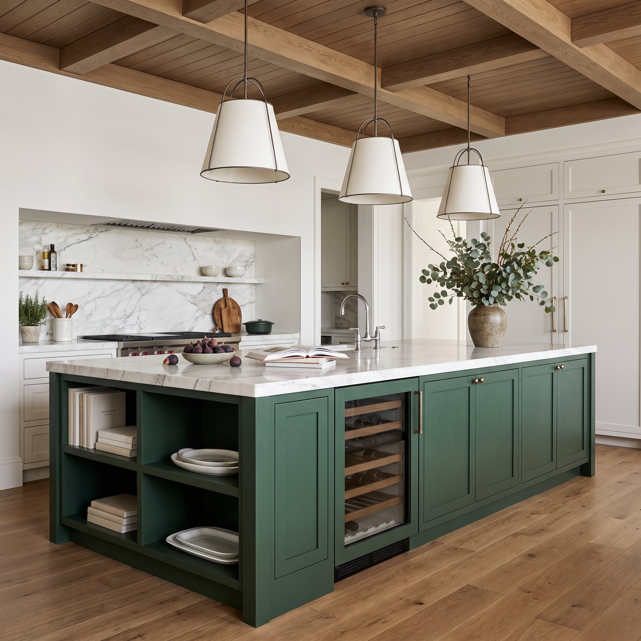 Kitchen with forest-green island, marble waterfall countertop, wine refrigerator, and open end shelving