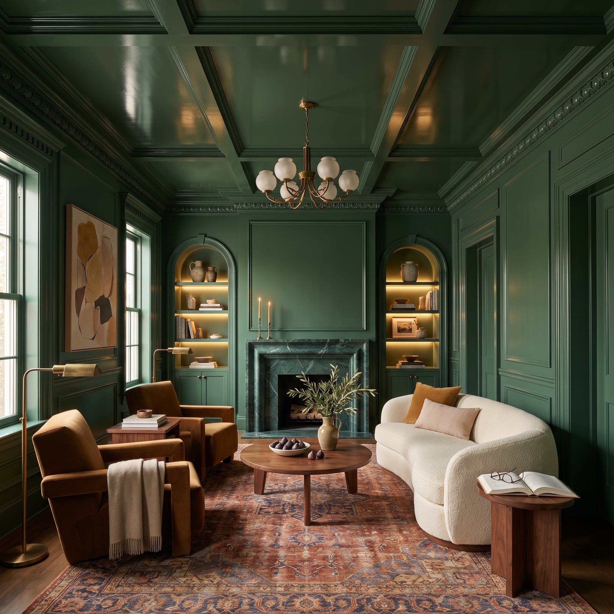 Forest-green living room with matching paneled walls, ornate trim, coffered ceiling, marble fireplace, cream sofa, and cognac chairs