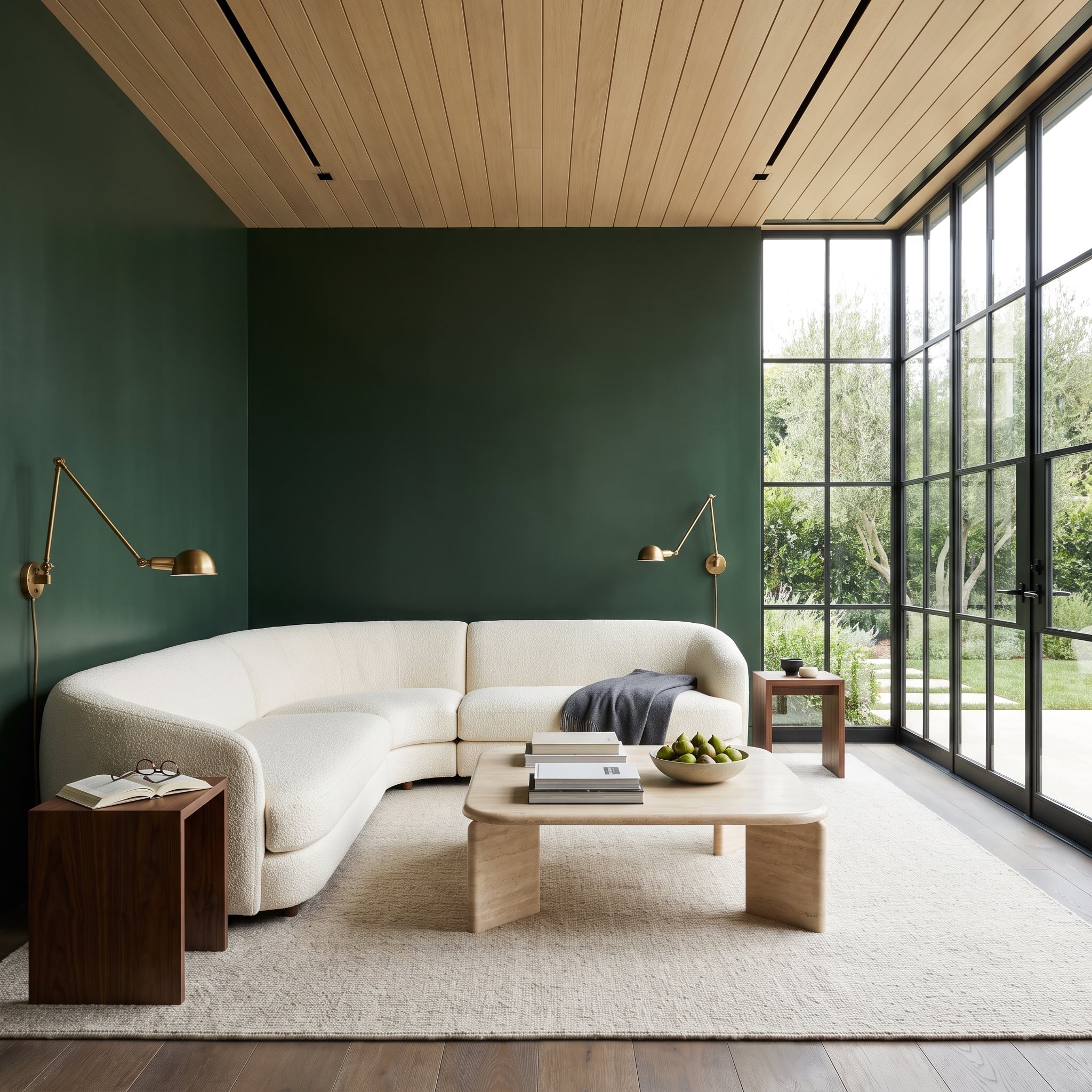 Forest-green color-drenched living room with curved cream bouclé sectional and wood-slat ceiling