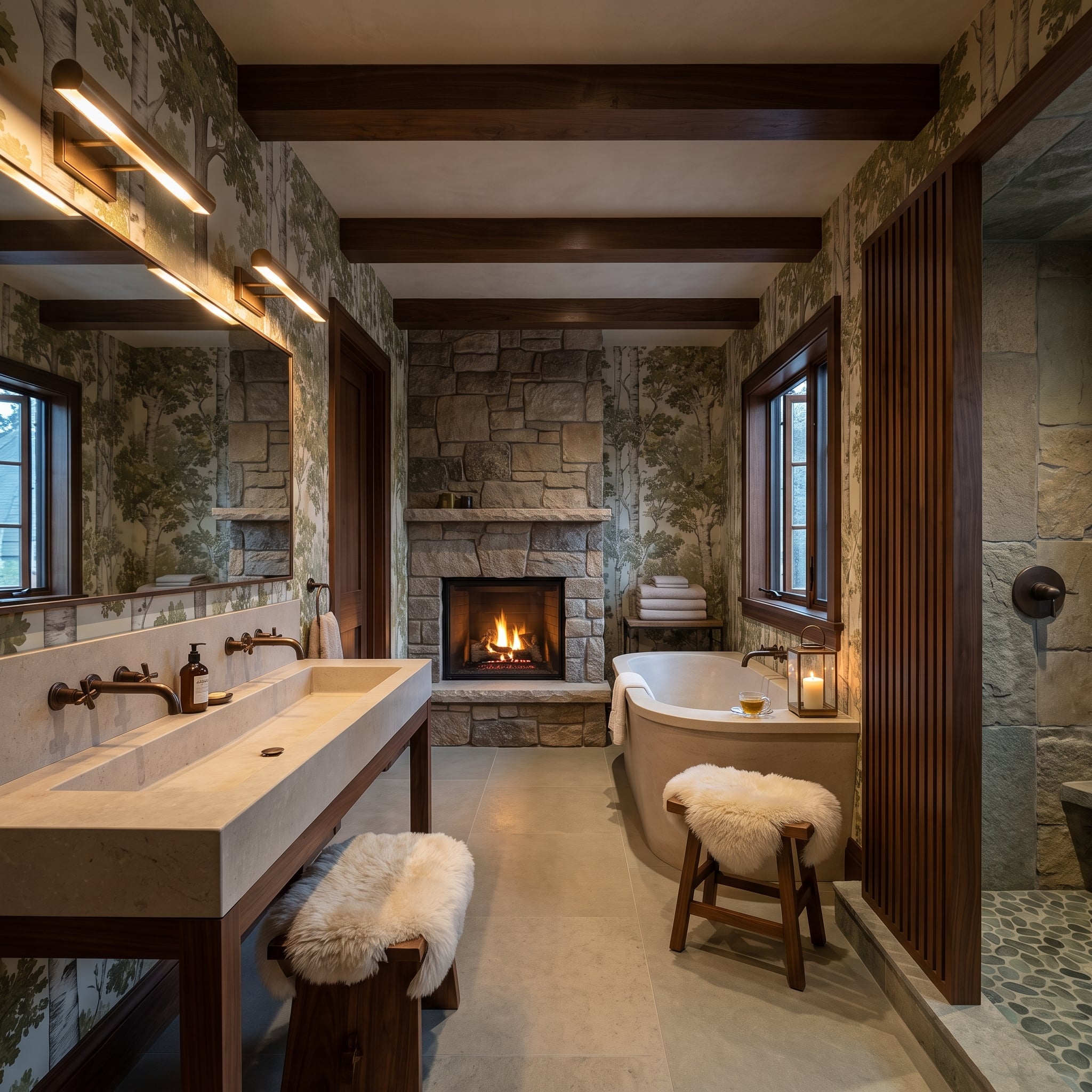 Forest Wallpaper, a Stone Fireplace, and Sheepskin That Softens Every Hard Edge