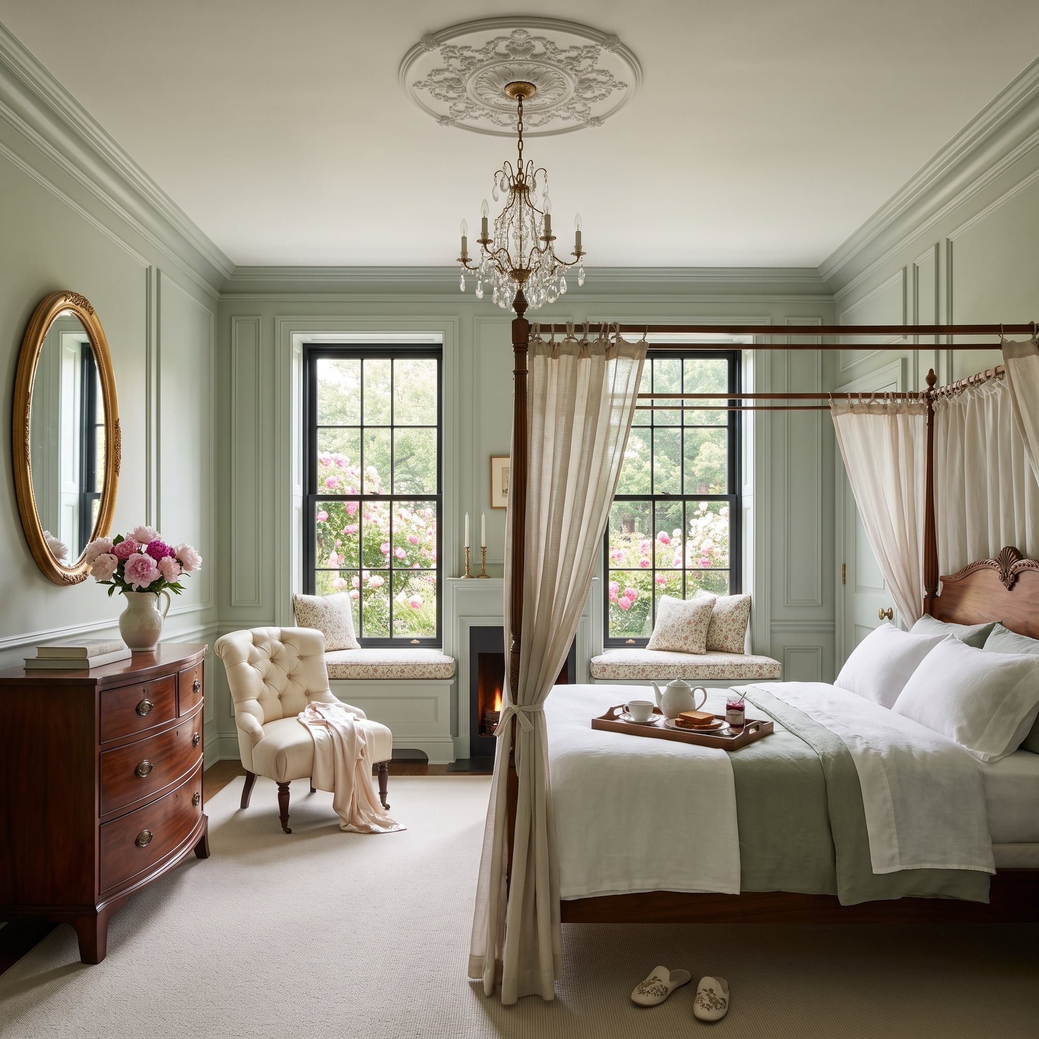 Traditional bedroom with mahogany four-poster bed, sage wainscoting and black window frames