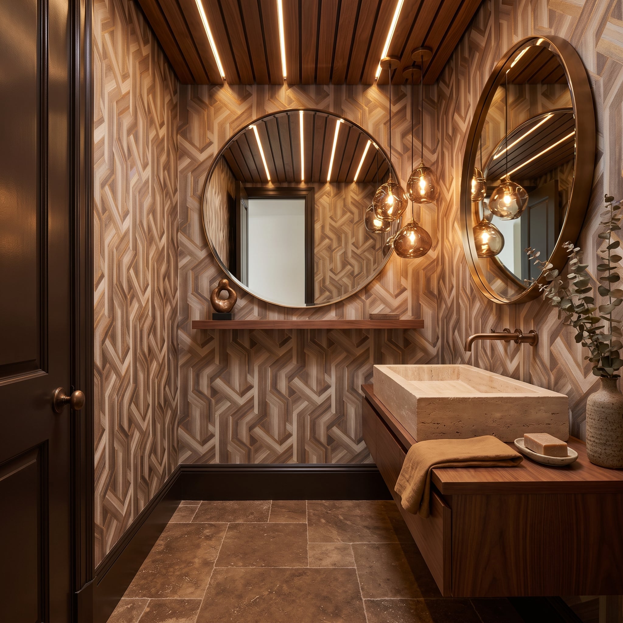 Geometric Wallpaper, Travertine Stone, and Pendant Lighting That Clusters Like Jewelry