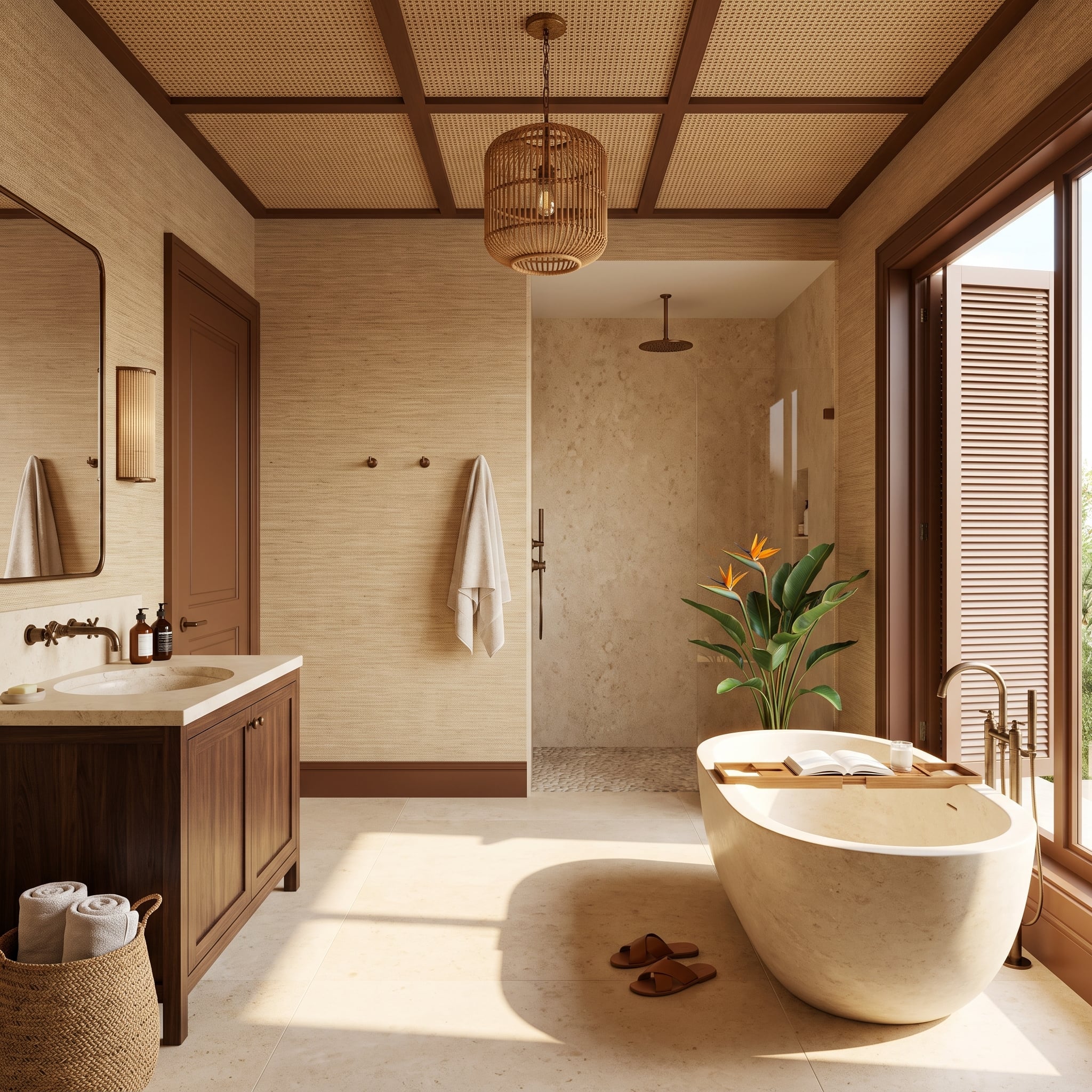 Grasscloth Walls, a Stone Soaking Tub, and Rattan That Belongs on a Ceiling