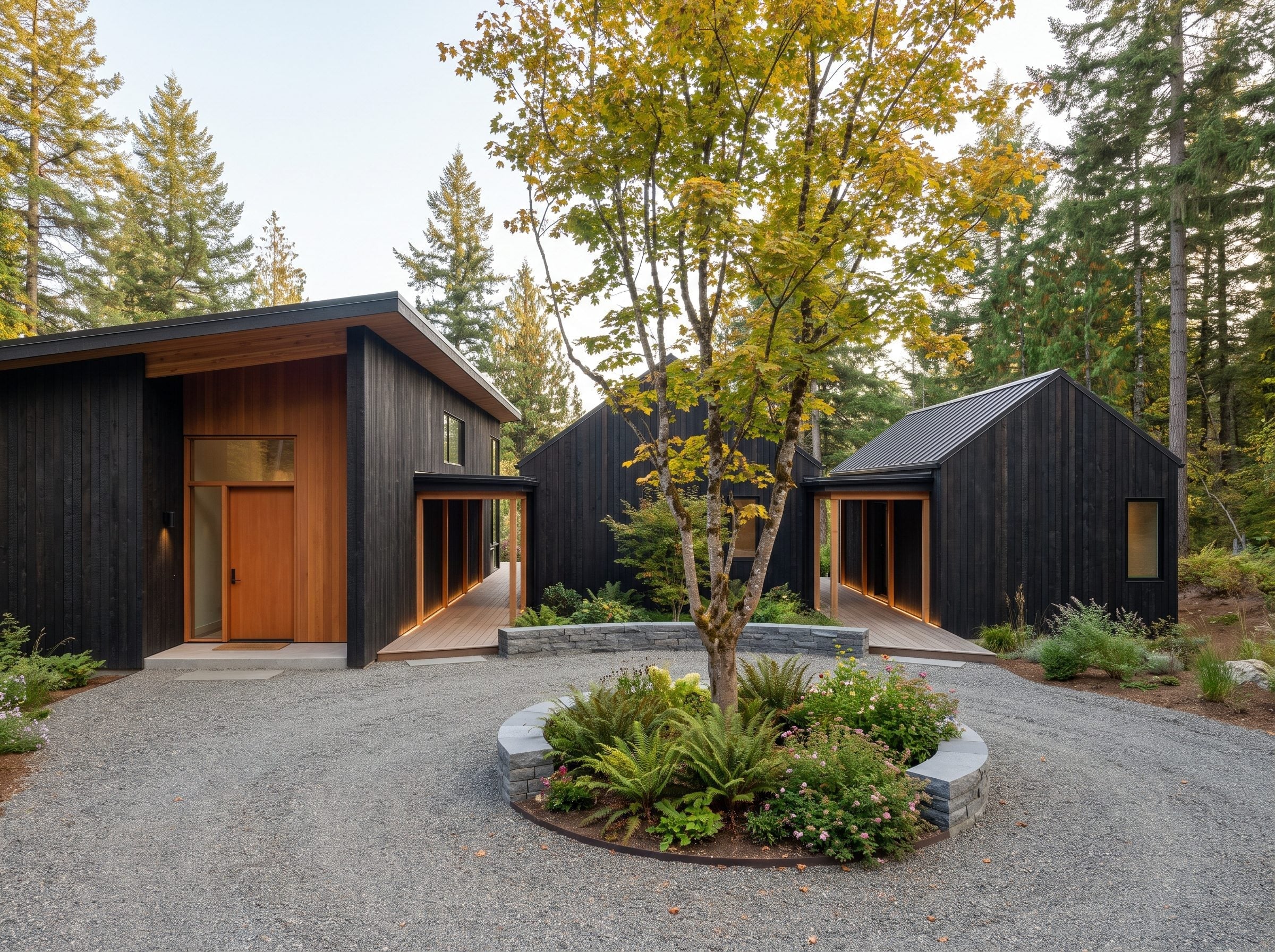 Three dark-clad buildings arranged around a gravel courtyard with a circular stone planter