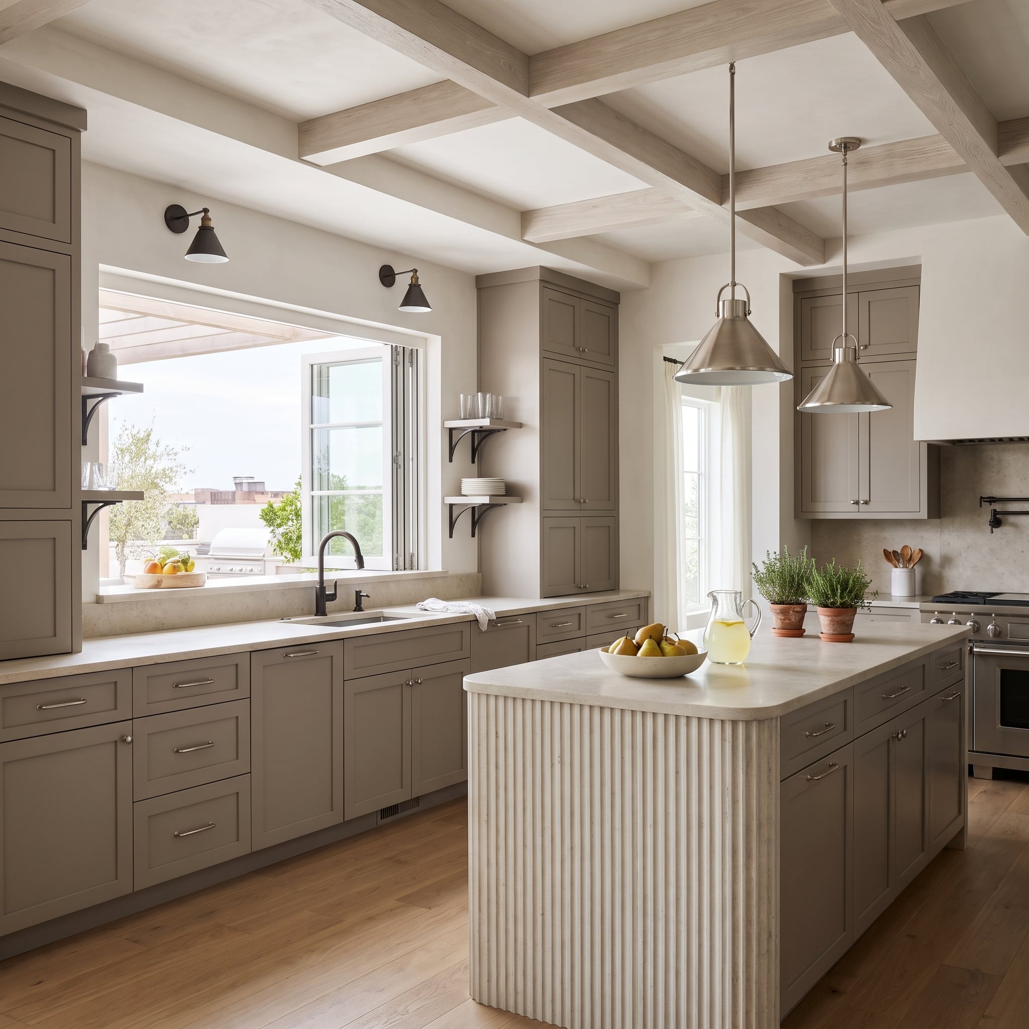 Greige Cabinets, Brushed Nickel Pendants, and Bronze Sconces That Never Needed Permission