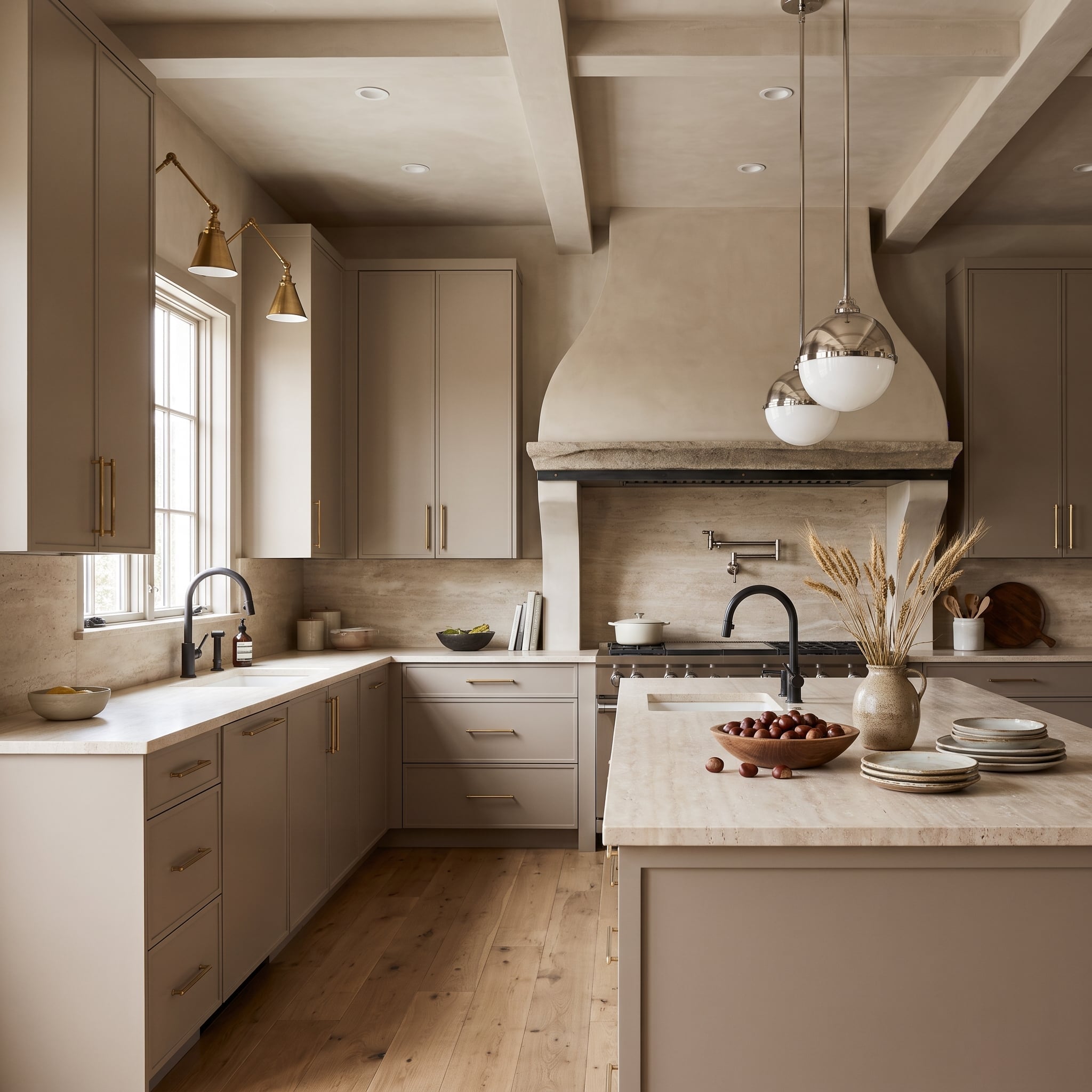 Greige Cabinets, Polished Nickel Pendants, and Brass Sconces That Never Apologized for the Mix