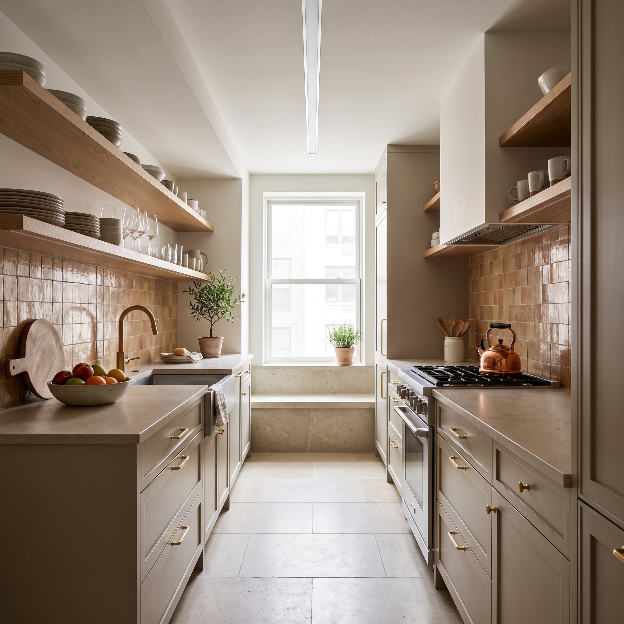 Galley kitchen with greige cabinets, terracotta tile backsplash, pale oak open shelves, and brass hardware