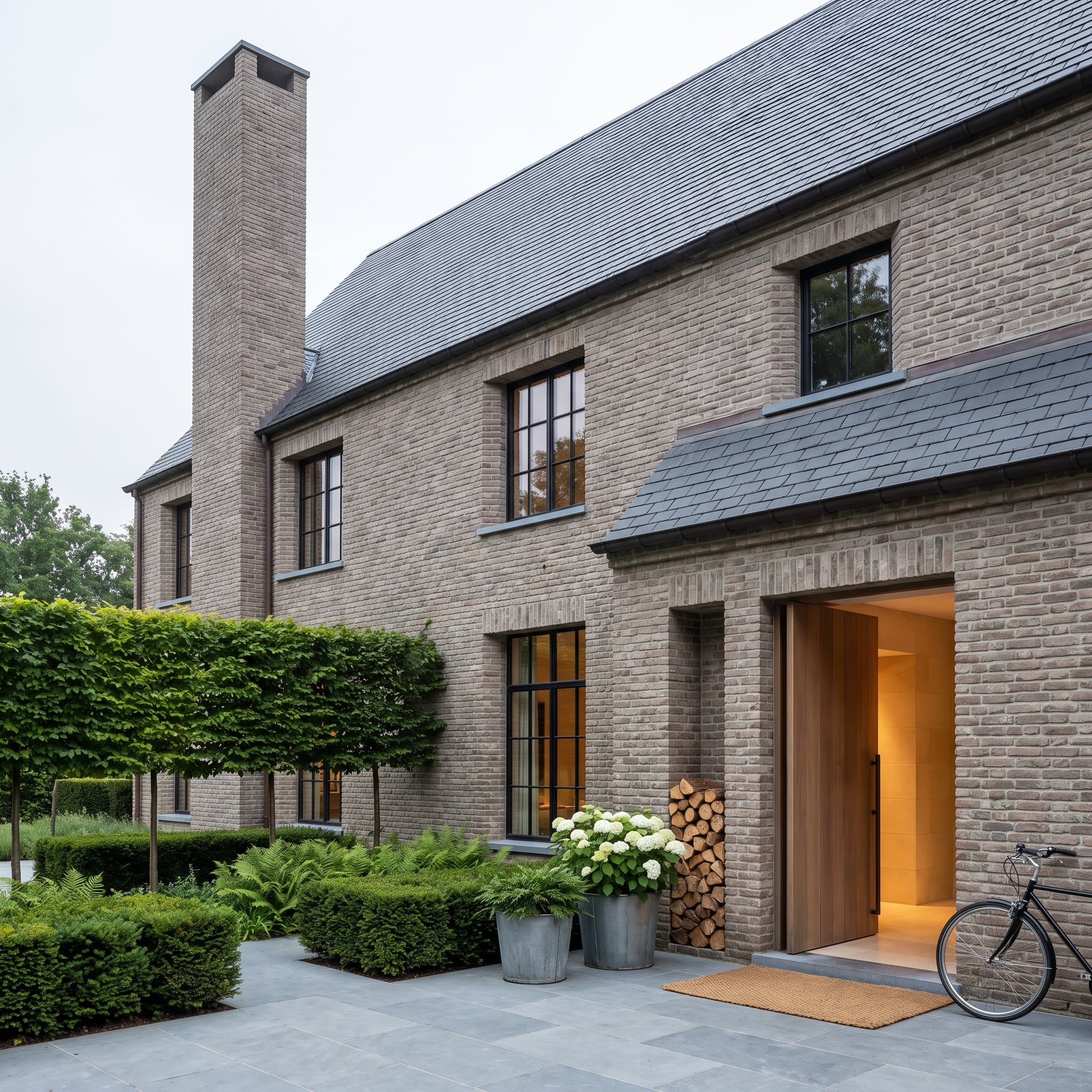 Belgian farmhouse design with gray brick, slate roof and black-framed windows