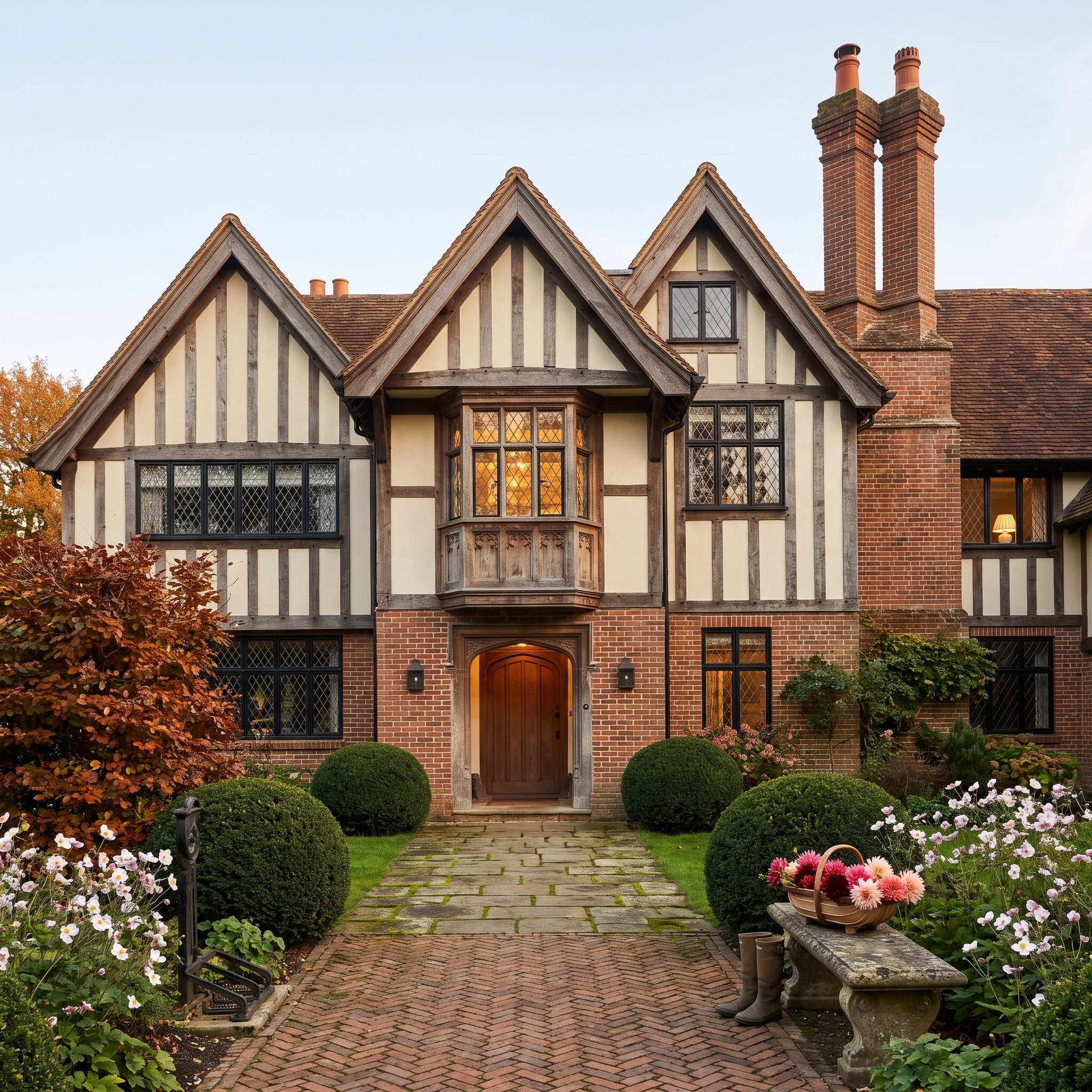 Tudor Revival house with dark half-timbering, cream render, herringbone brick and leaded windows