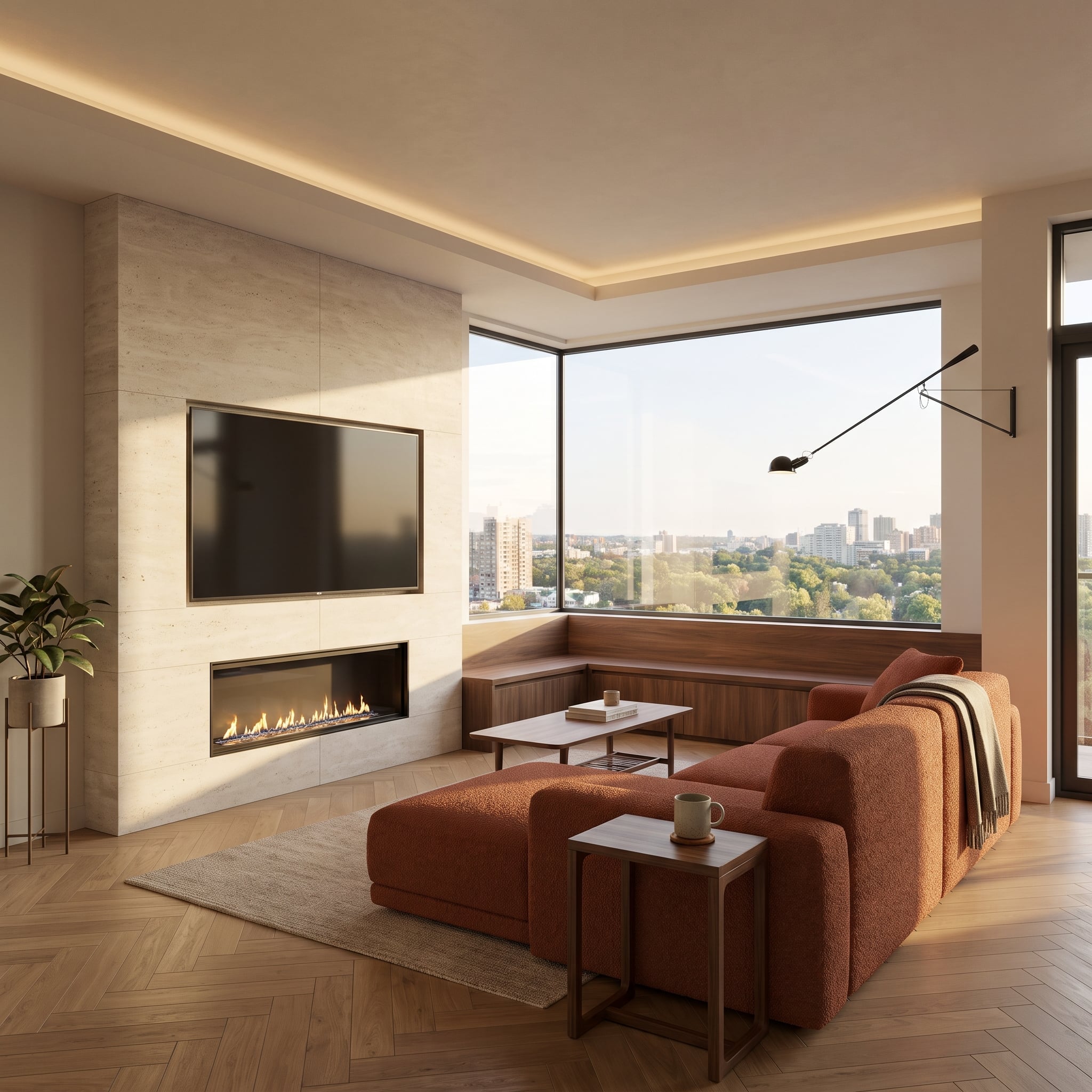 Living room with cream travertine fireplace wall, television above linear fire, rust bouclé sectional, and herringbone oak flooring