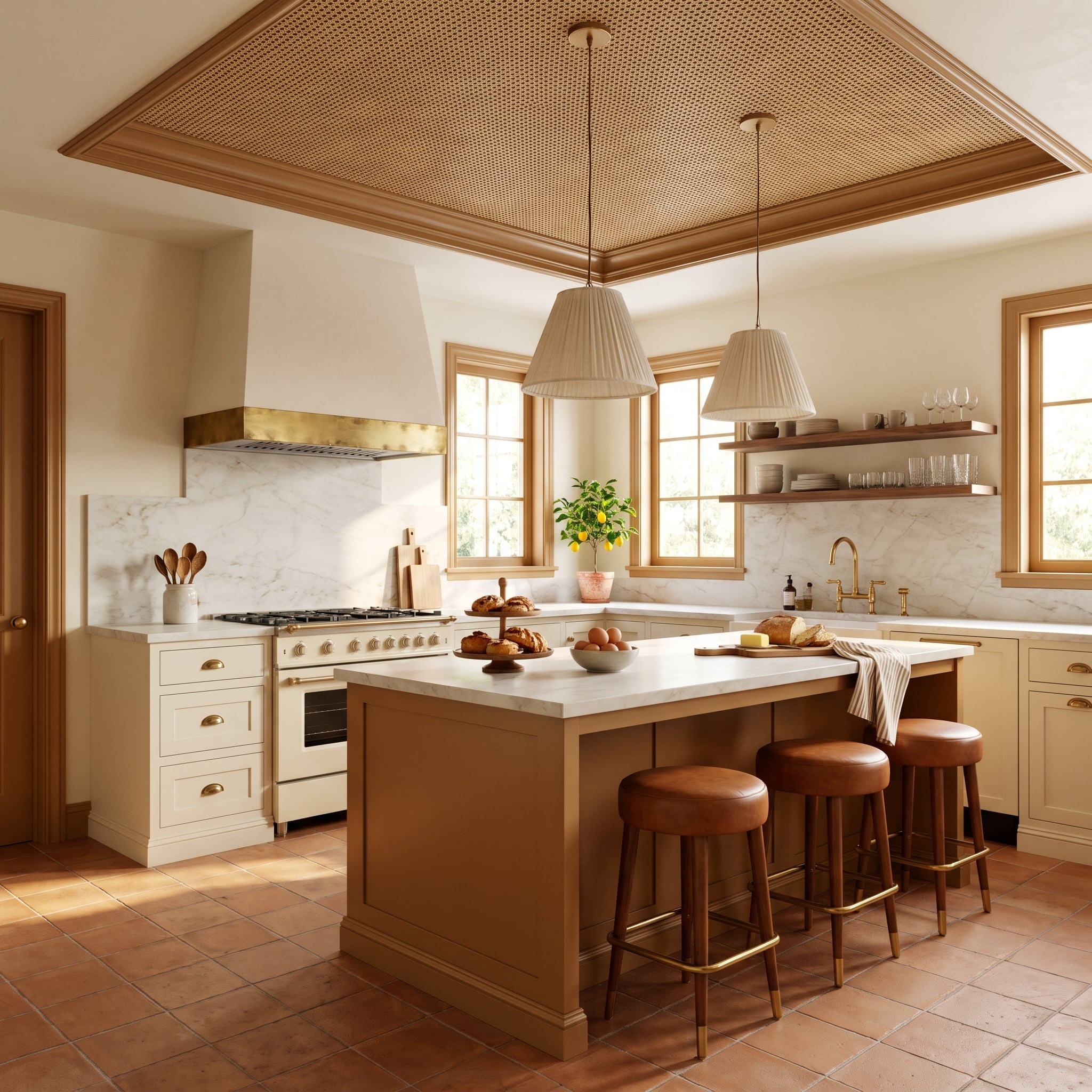 Warm kitchen with caramel-stained window and door trim, cane ceiling insert, terracotta flooring, and cognac leather stools