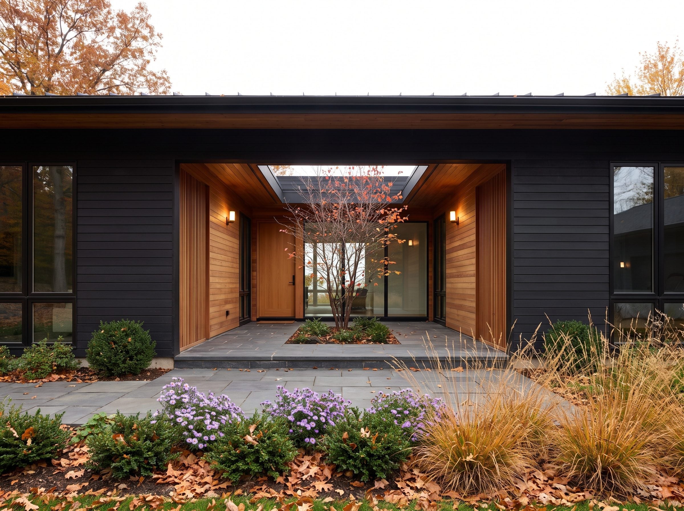 Midnight-black house with a recessed cedar-lined entrance and purple asters